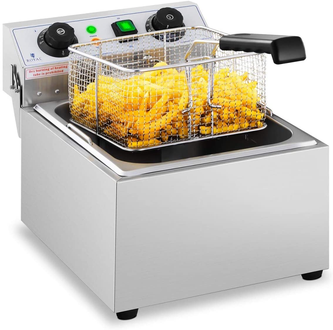 Royal Catering RCTF 10EB Stainless Steel Electric Fryer (3200 W, Capacity: 10 L, Temperature Range: 50-200 °C, Cold Zone, with Timer up to 60 min.)