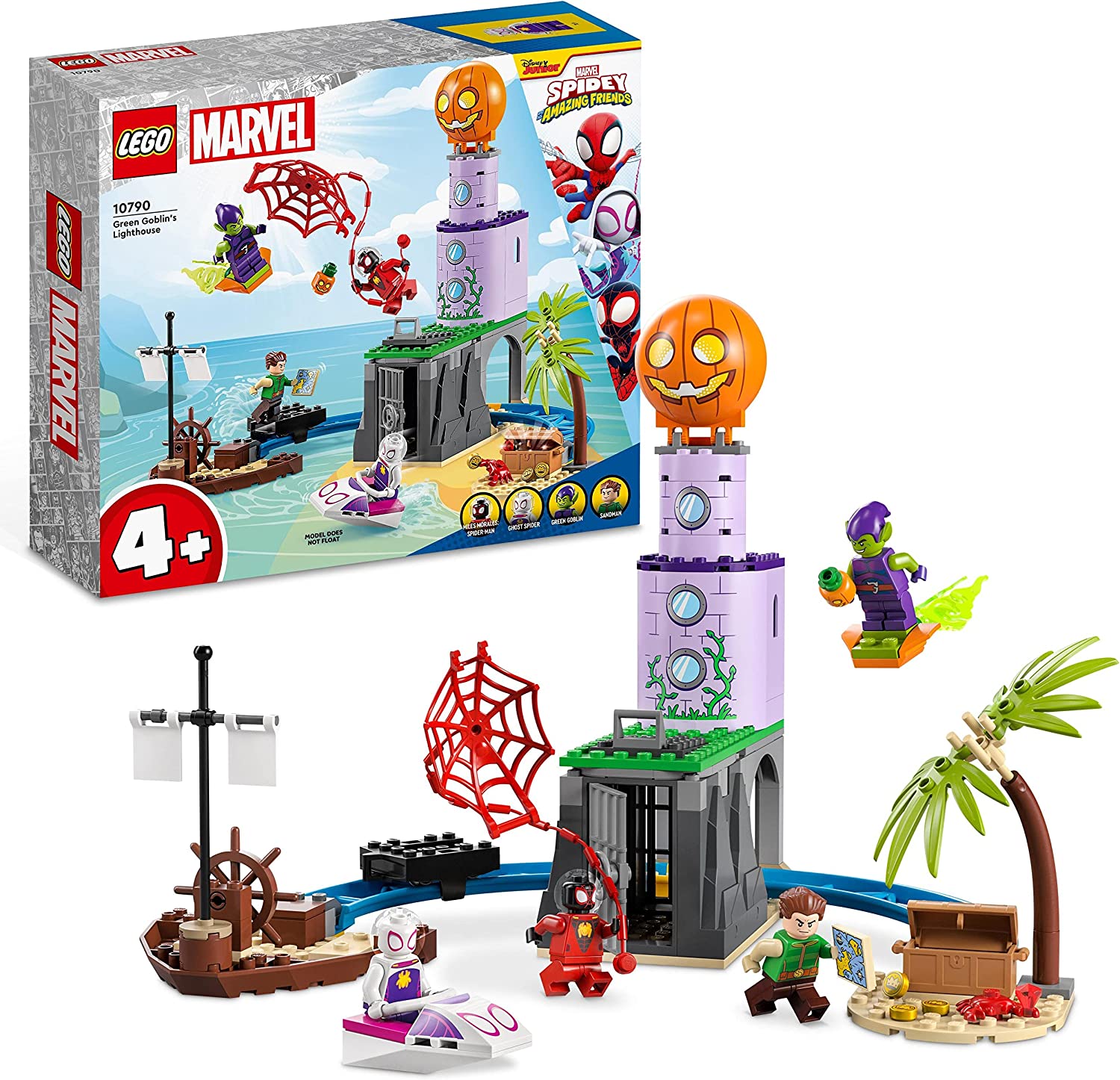 LEGO 10790 Marvel Spideys Team on Green Goblins Lighthouse, Toy for Children from 4 years with pirate Ship, Miles Morales Mini Figure & More, Spidey and his Super Friends