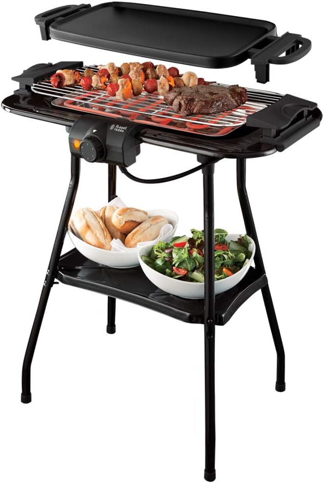 Russell Hobbs 2-in-1 Grill: Standing Grill & Table Barbecue, Indoor and Outdoor Use, Incl. Grill Plate & Grid, with Heat-Insulated Handles, 5 Temperature Levels, Black, 20950-56