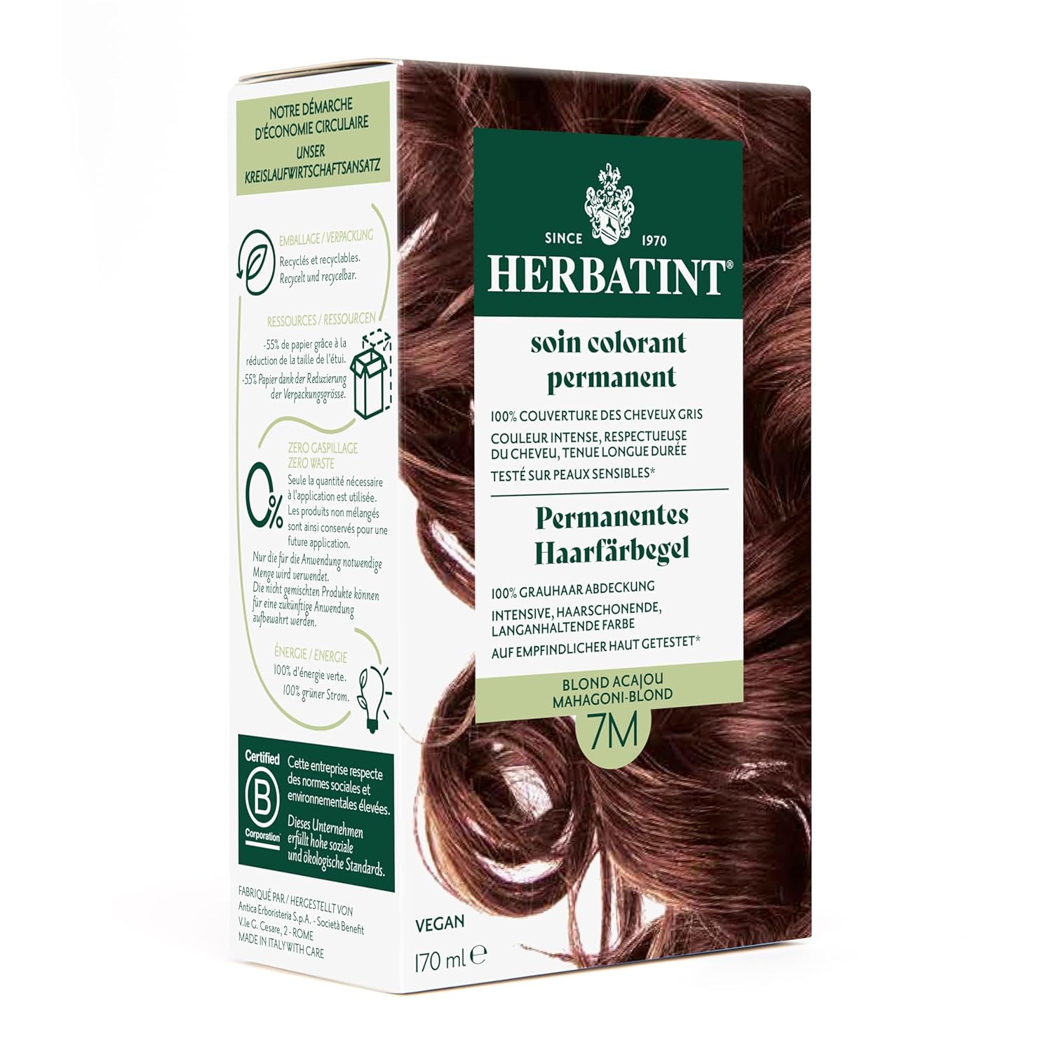 Herbatint Permanent Hair Dye Gel, 7M Mahogany Blonde - 170 ml, No Ammonia, Optimal Gray Hair Coverage, Tested for Sensitive Skin, with 8 Plant Extracts