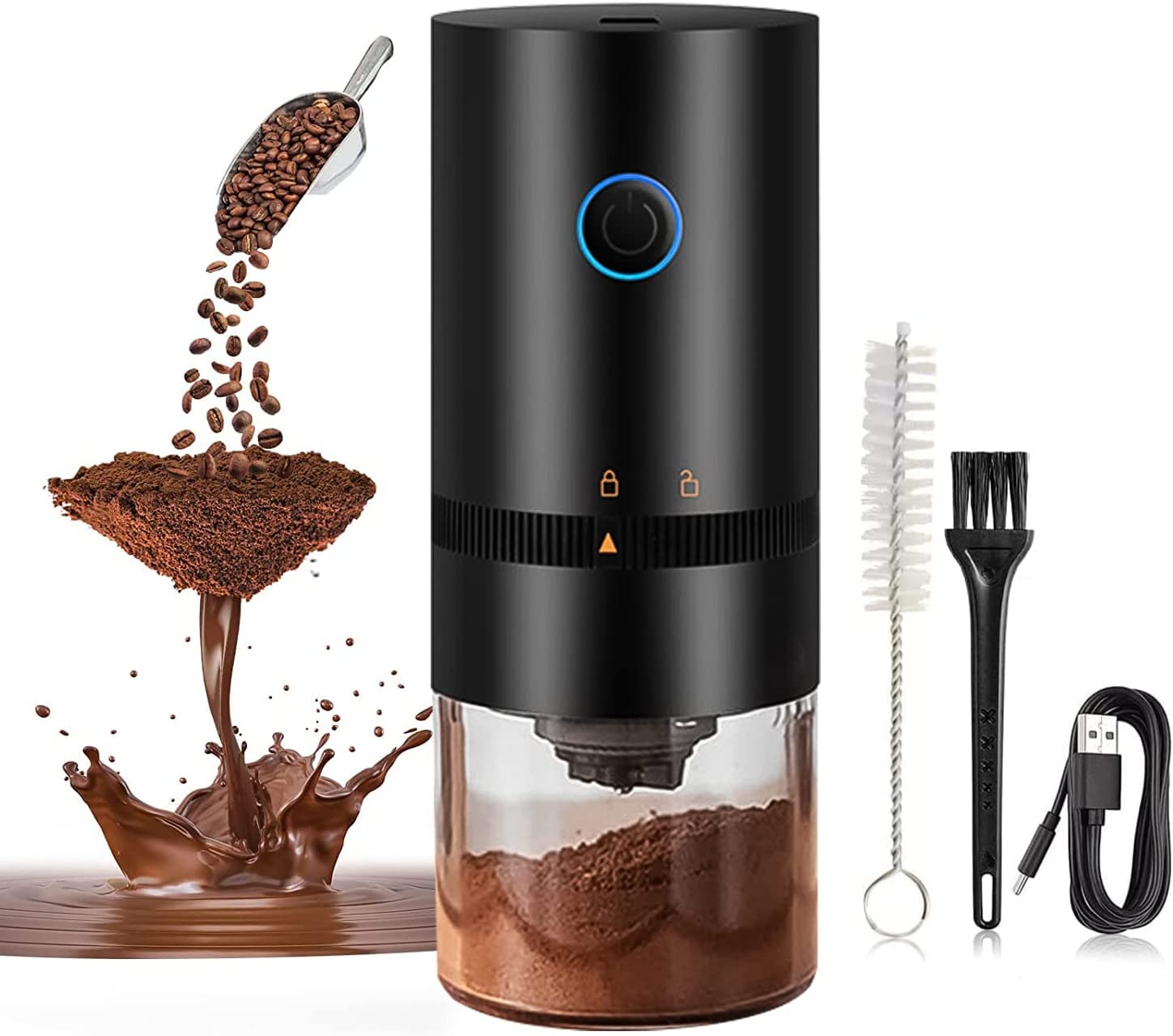Coffee Grinder, Electric Coffee Bean Mill, with Aroma Friendly Ceramic Cone Grinder, 30 g Capacity Coffee Grinder with 2 Cleaning Brushes, Black