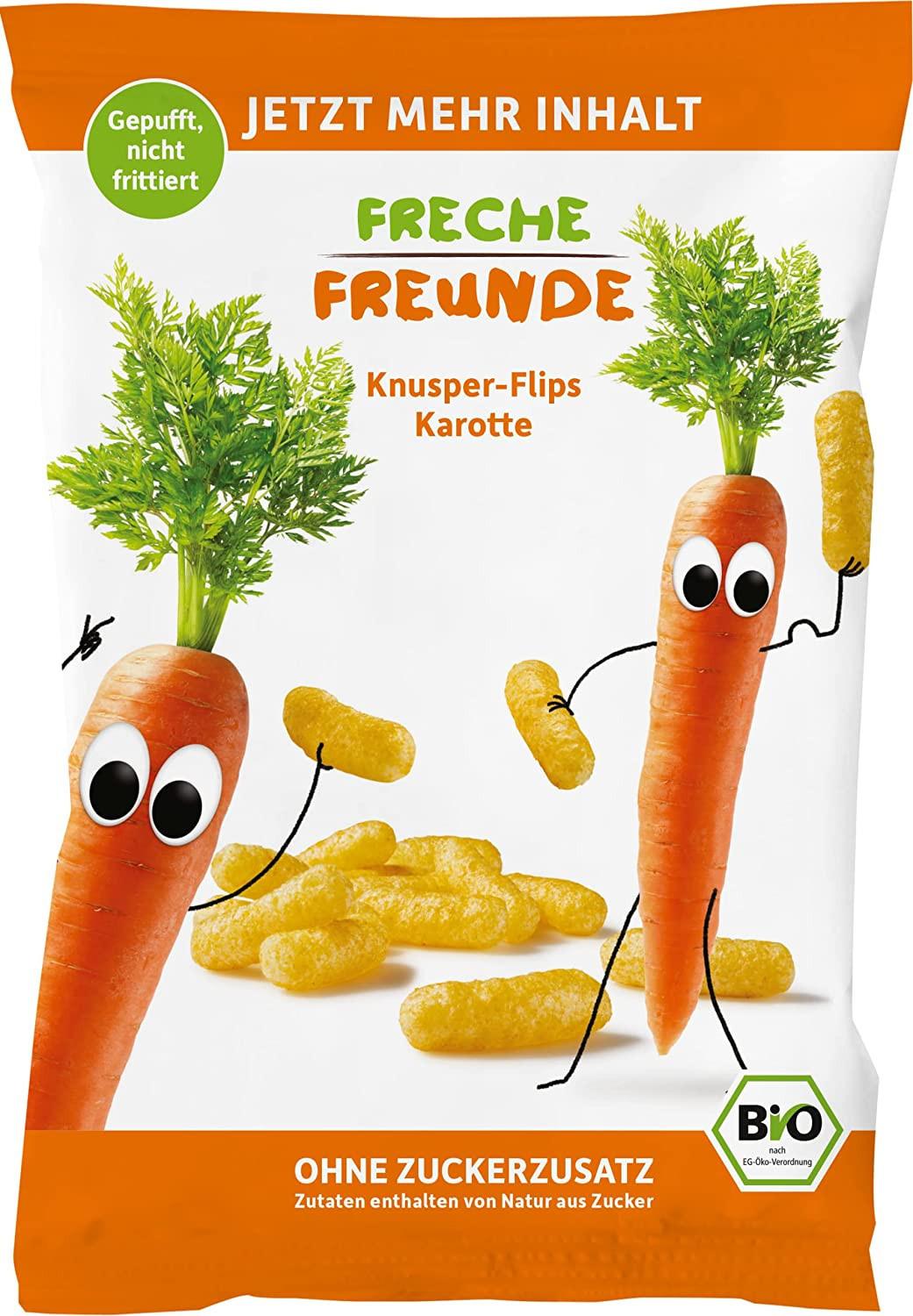FRECHE FREUNDE Bio Knusper-Flips Karotte, ohne Zuckerzusatz, Knabberzeug für Kinder und Babys ab 1 Jahr, vegan, 9er Pack (9x30g)