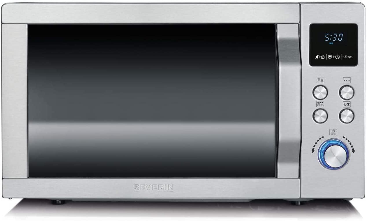 SEVERIN MW 7751 2-in-1 Microwave (800 W, with Grill Function, Includes Grill Grate and Turntable, Diameter 24.5 cm, Be-Silent Function) Stainless Steel / Black