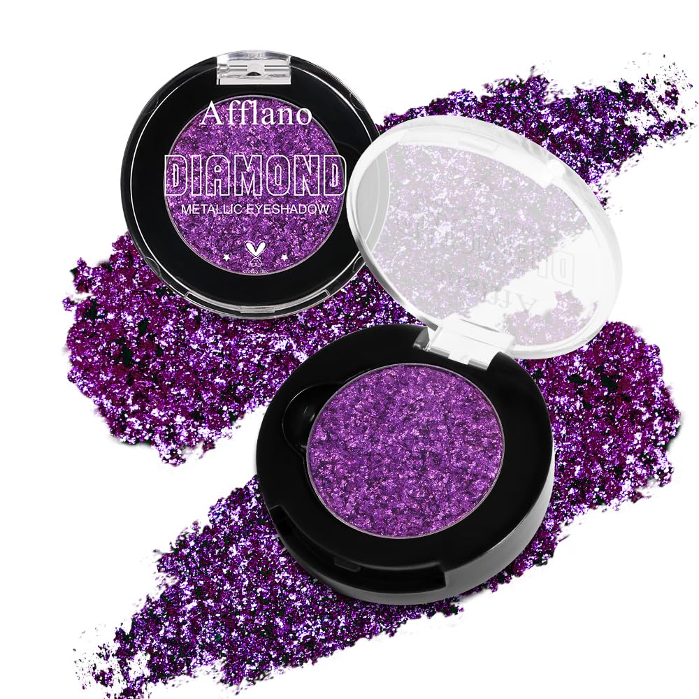 Afflano Purple Metallic Eyeshadow, Diamond Purple Shimmering Eyeshadow, Highly Pigmented Purple Glitter Eyeshadow One Wipe, Color Release Holographic Purple Glitter Eyeshadow for Brown Eye Makeup
