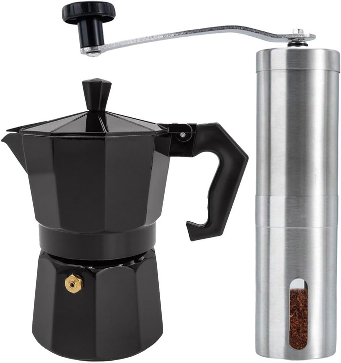 INTIRILIFE Espresso Maker Black with Manual Coffee Grinder - Coffee Set, Espresso Hand Mill with Italian Mocha Jug, Ground Beans