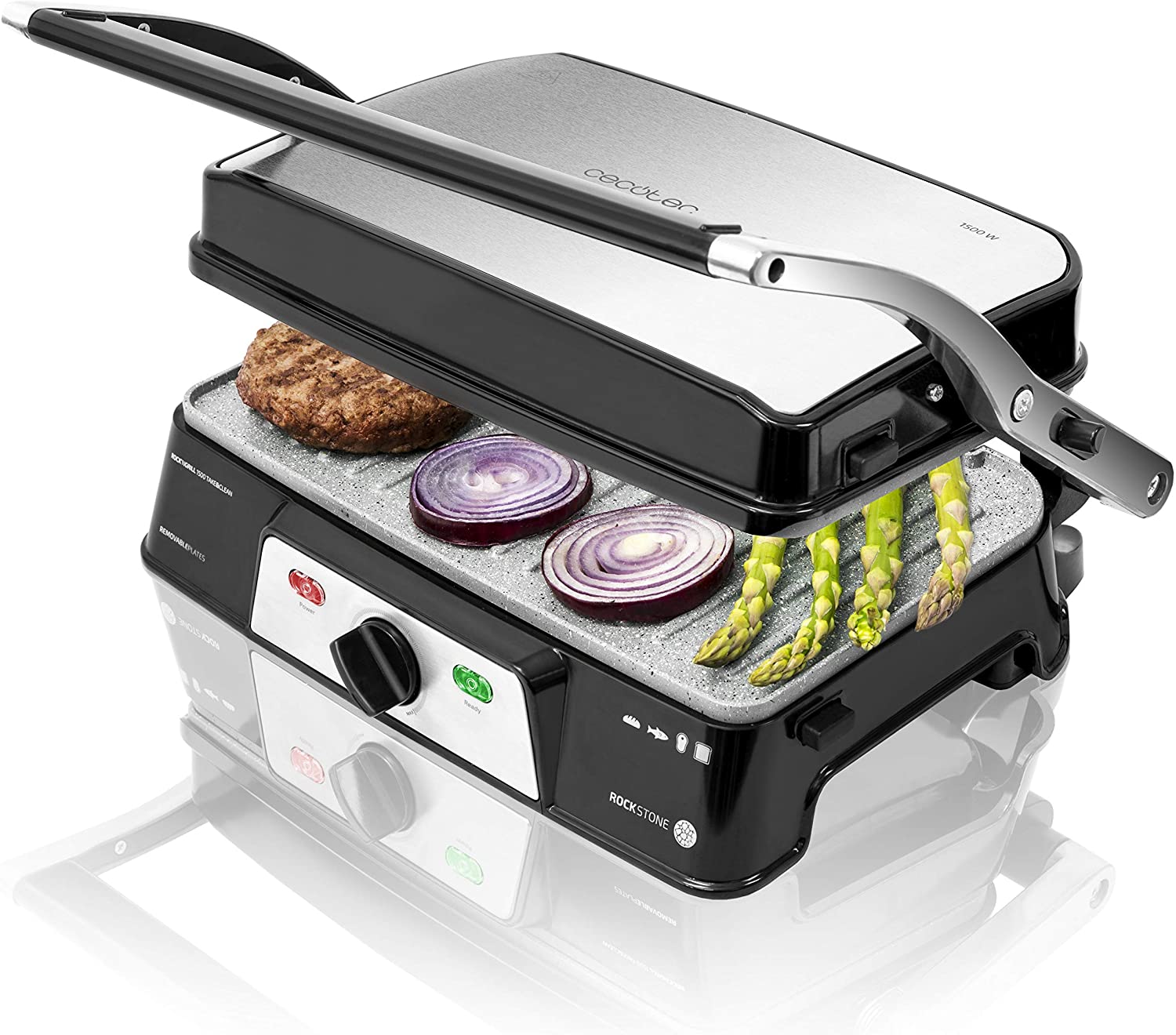 Cecotec Rock\'n Grill 2000 Electric Grill, RockStone Non-Stick Coating, 180º Opening, Height Adjustable, Hob 30 x 23.5 cm, 2000 W, Stainless Steel and Plastic