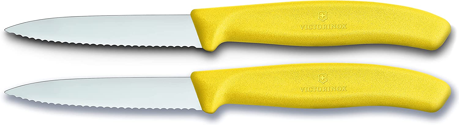 Victorinox Swiss Classic 8 cm Serrated Vegetable Knife - Medium Point - Blade Guard - Dishwasher-Safe - Set of 2, yellow
