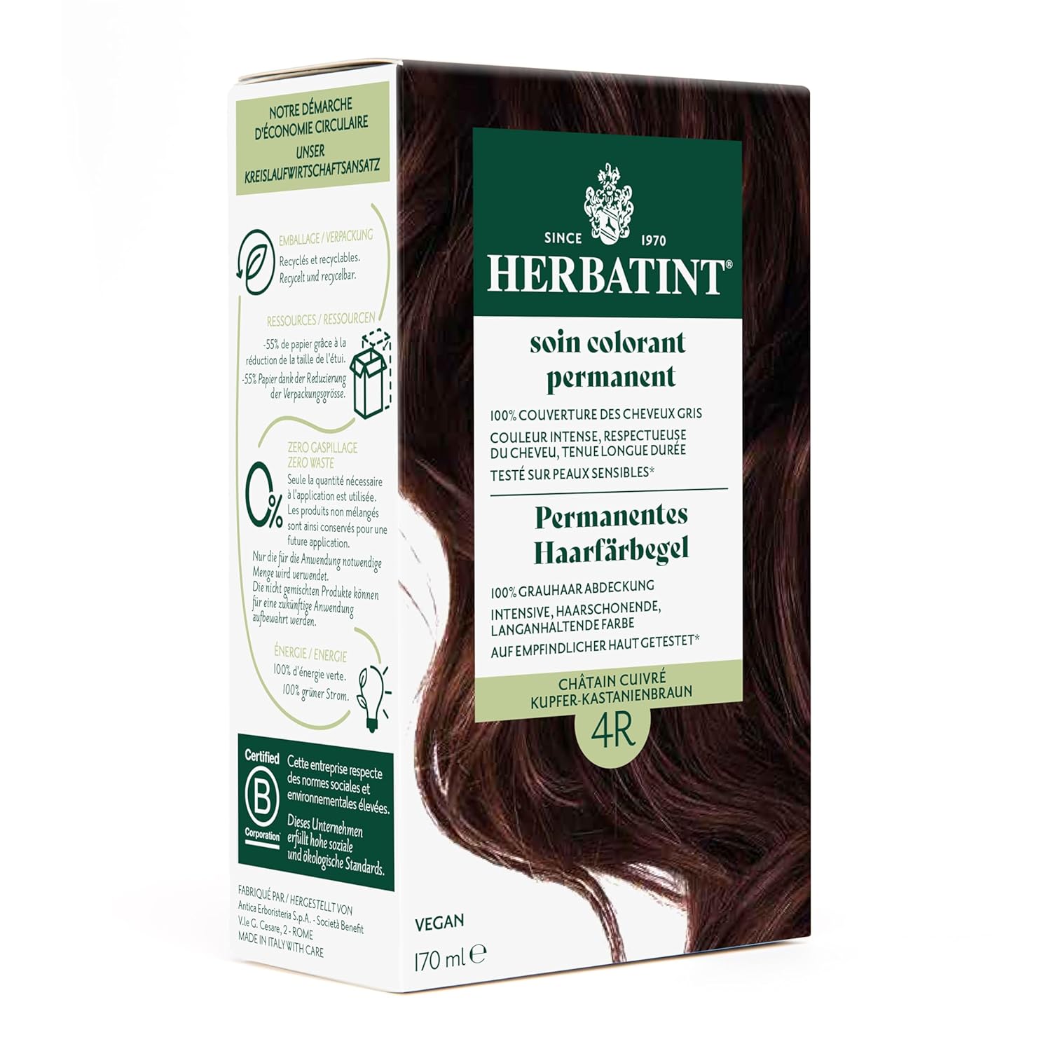 Herbatint Permanent Hair Dye Gel 4R Copper - Chestnut Brown - 170 ml I No Ammonia, Optimal Gray Hair Coverage I Tested for Sensitive Skin with 8 Plant Extracts