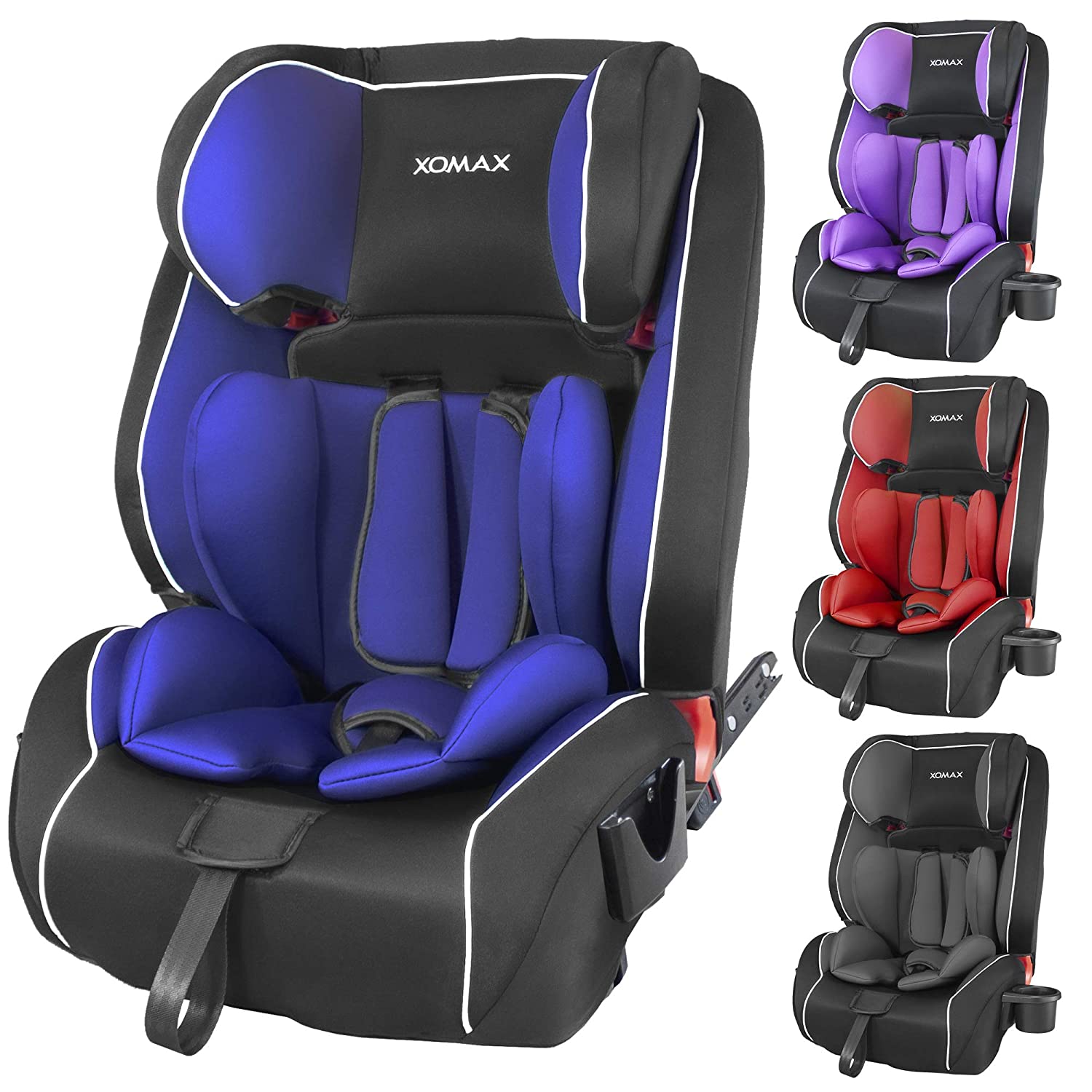 Xomax HQ668 Isofix Child Car Seat, 9 - 36 kg with Bottle Holder, Grows with Your Child: 1 - 12 Years, Group 1 / 2 / 3, 5-Point Harness and 3-Point Harness, Removable and Washable Cover, ECE R44/04 blue
