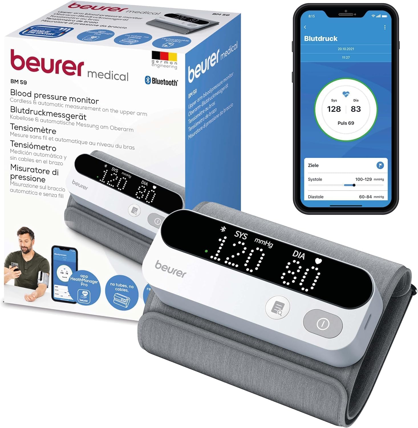 Beurer BM 59 Upper Arm Blood Pressure Monitor, Innovative Cuff without Tubes and Cables, LED Risk Indicator, Arrhythmia Detection, for Upper Arm Circumference 22-42 cm, Medical Device, with App