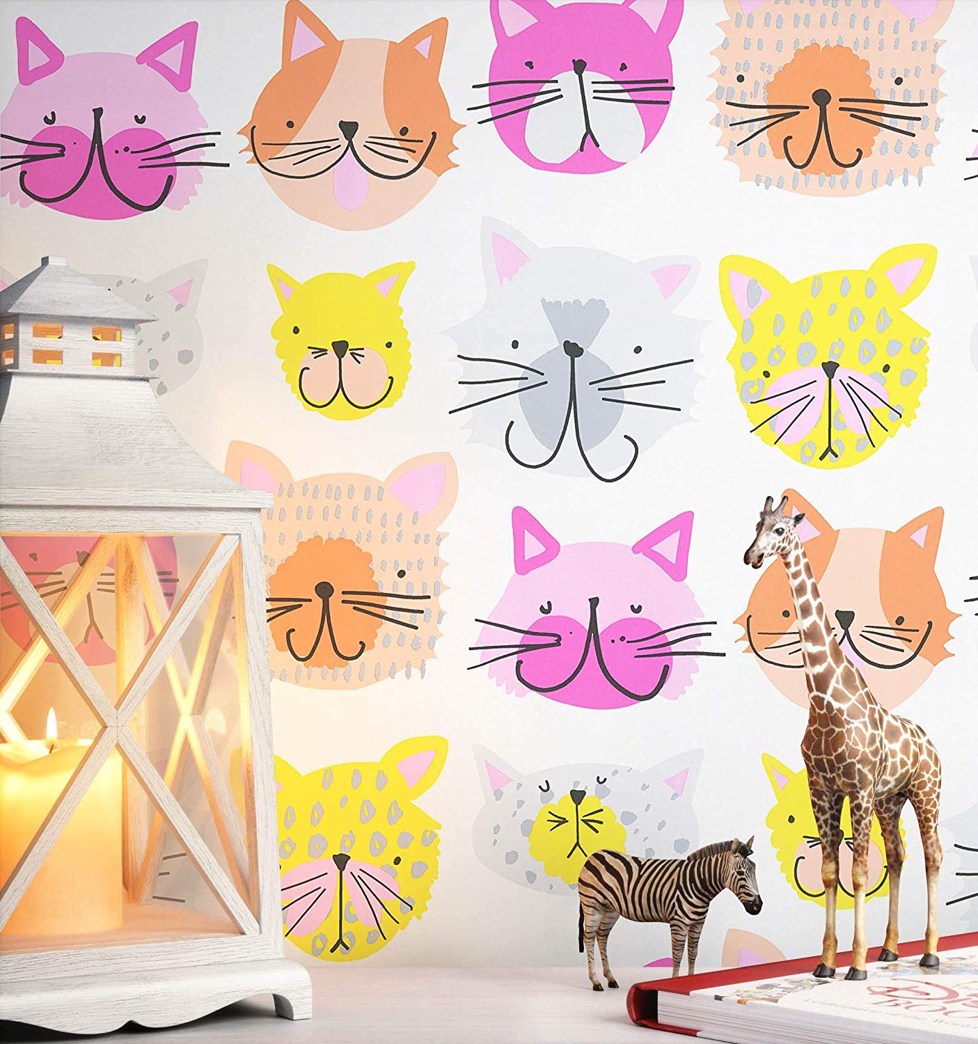 Newroom Childrens Wallpaper Yellow Cat Design Orange Paper Wallpaper Child