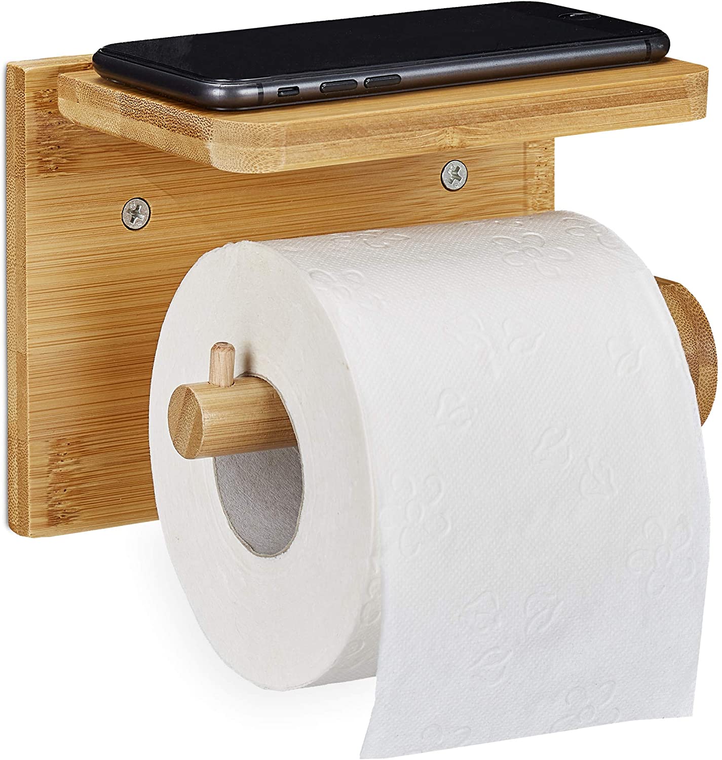 Relaxdays Toilettenpapierhalter Mit Ablage, Für Handy & Feuchttücher, Bambu