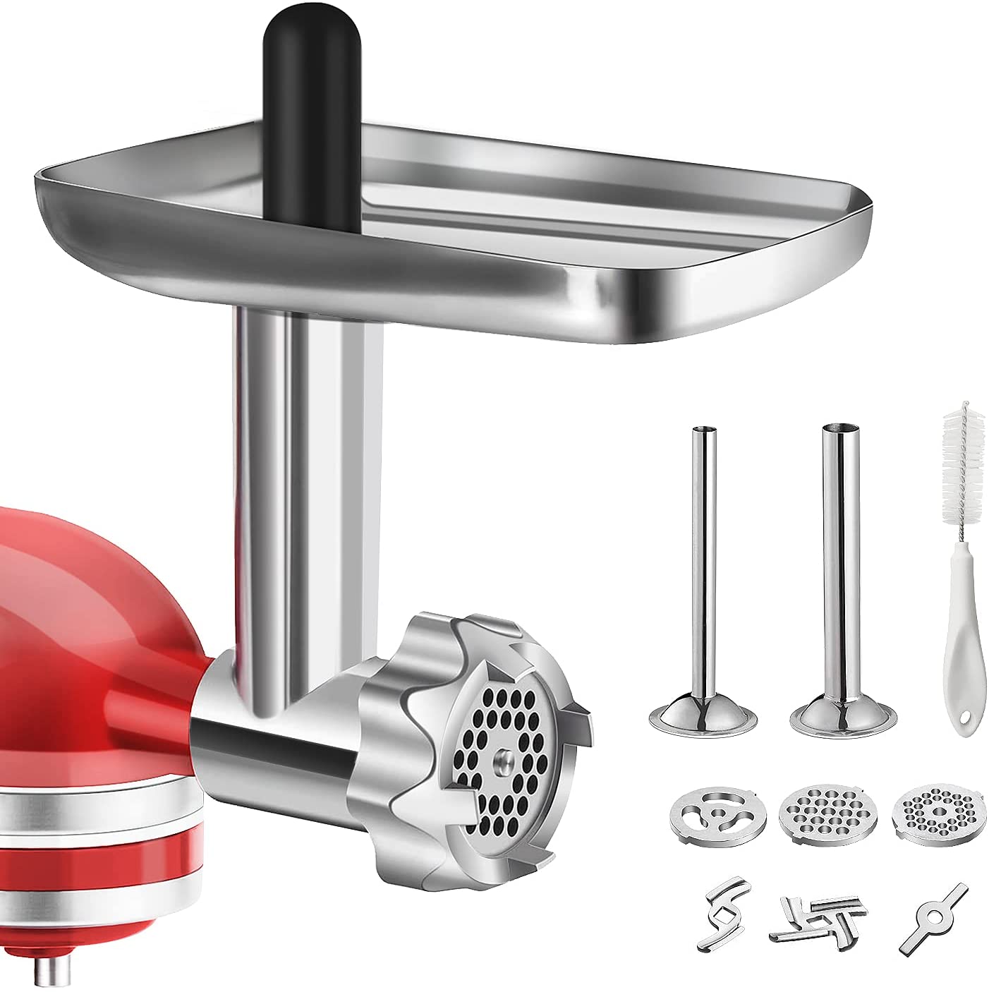 Bqypower Metal Meat Grinder Attachment for KitchenAid Stand Mixer with 2 Sausage Filling Pipes, 3 Crushing Blades, 3 Chopping Plates