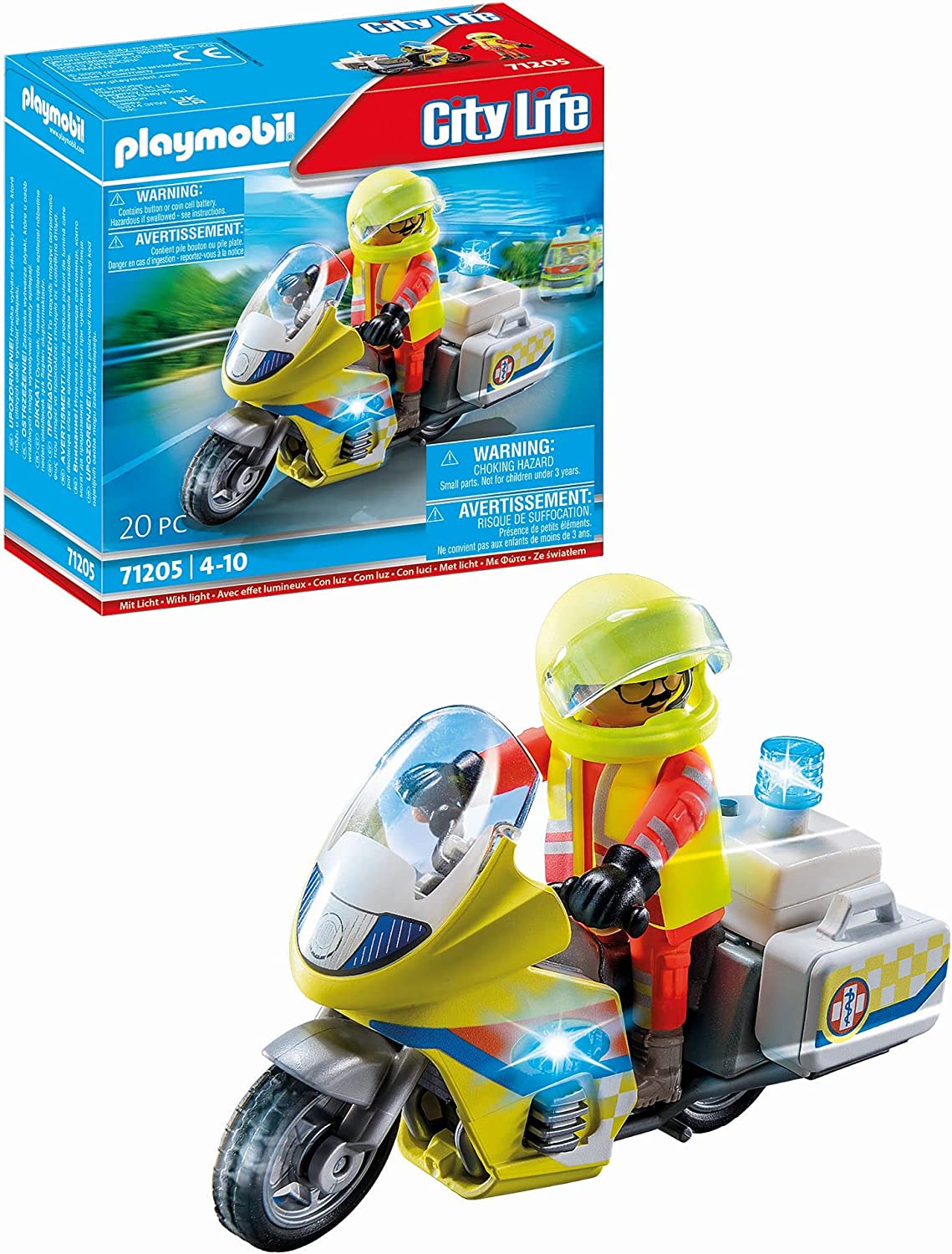 Playmobil City Life 71205 Emergency Doctor Motorcycle With Flashing Light, Toy for Children from 4 Years