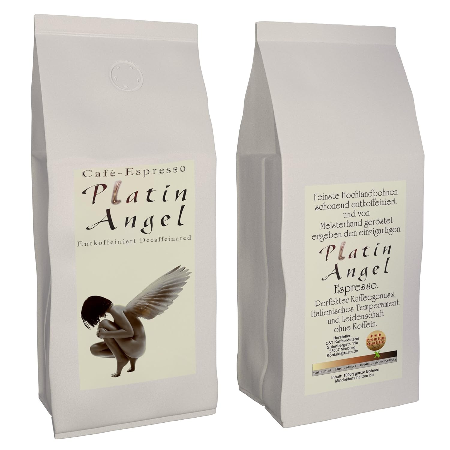 Espresso/Cafe - Coffee Beans Decaffeinated Platinum Angel (Ground, 200 g) - Low Acid - Gentle and Freshly Roasted