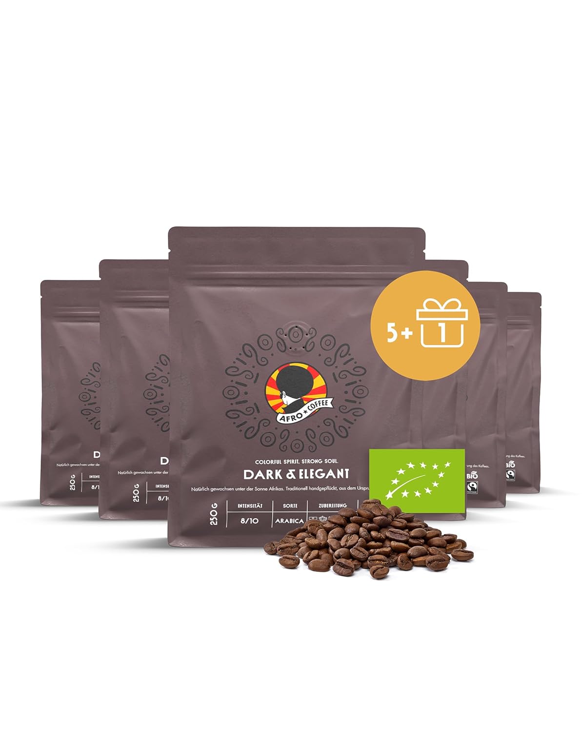 AFRO COFFEE Dark & ​​Elegant I 5+1 Offer 250 g Premium Organic Coffee Beans Fairtrade I 100% Arabica Beans I Coffee from Ethiopia with Notes of Bitter Chocolate I Hand Picked, Dark Roasted, Low Acid