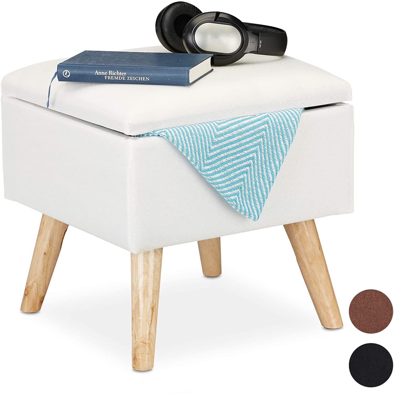 Relaxdays Stool With Storage Space Faux Linen Cover Padded Wooden Legs Foot