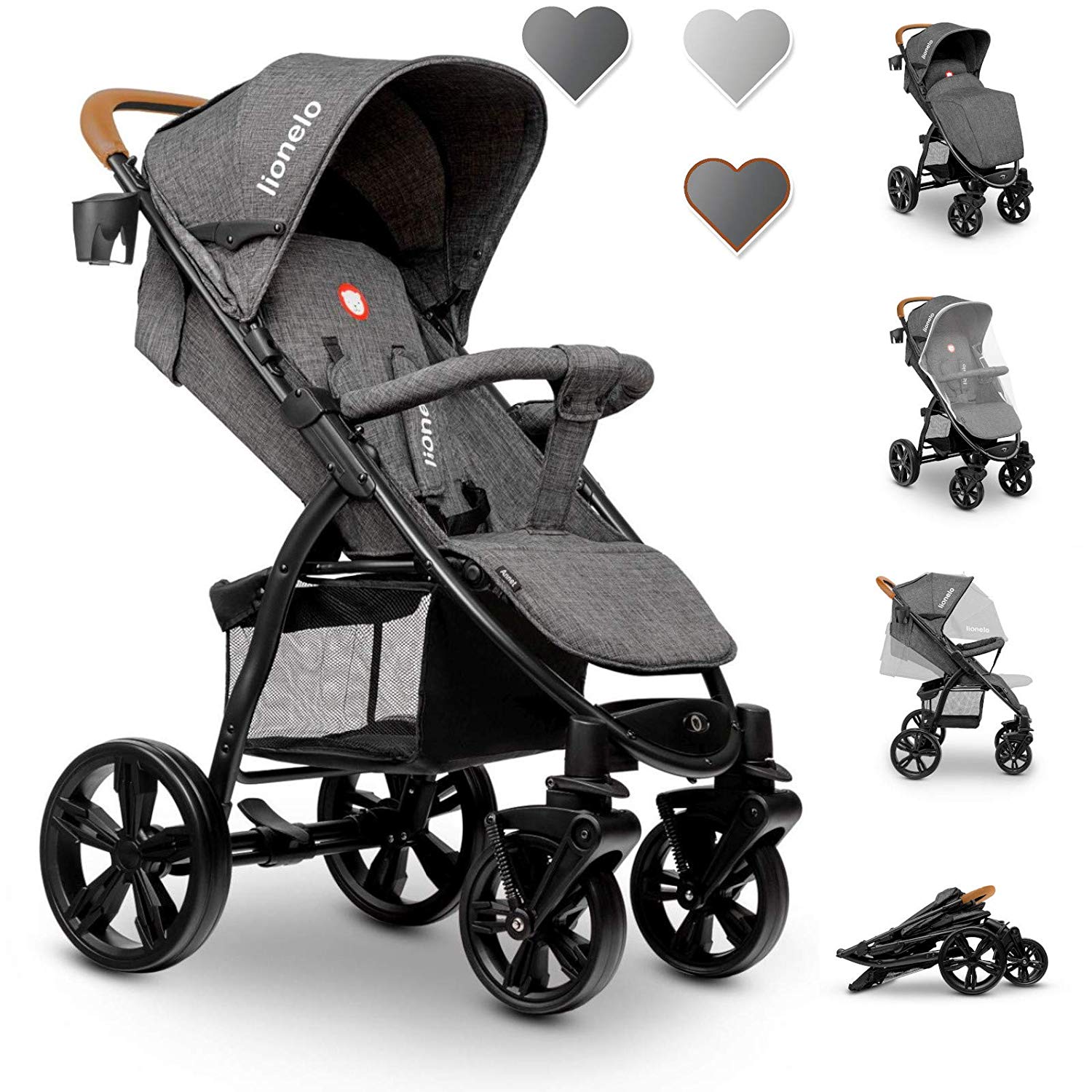 Lionelo Annet Pushchair with Reclining Function, Small Foldable EVA Foam Wheels, Mosquito Net Foot Cover, Drink Holder Basket
