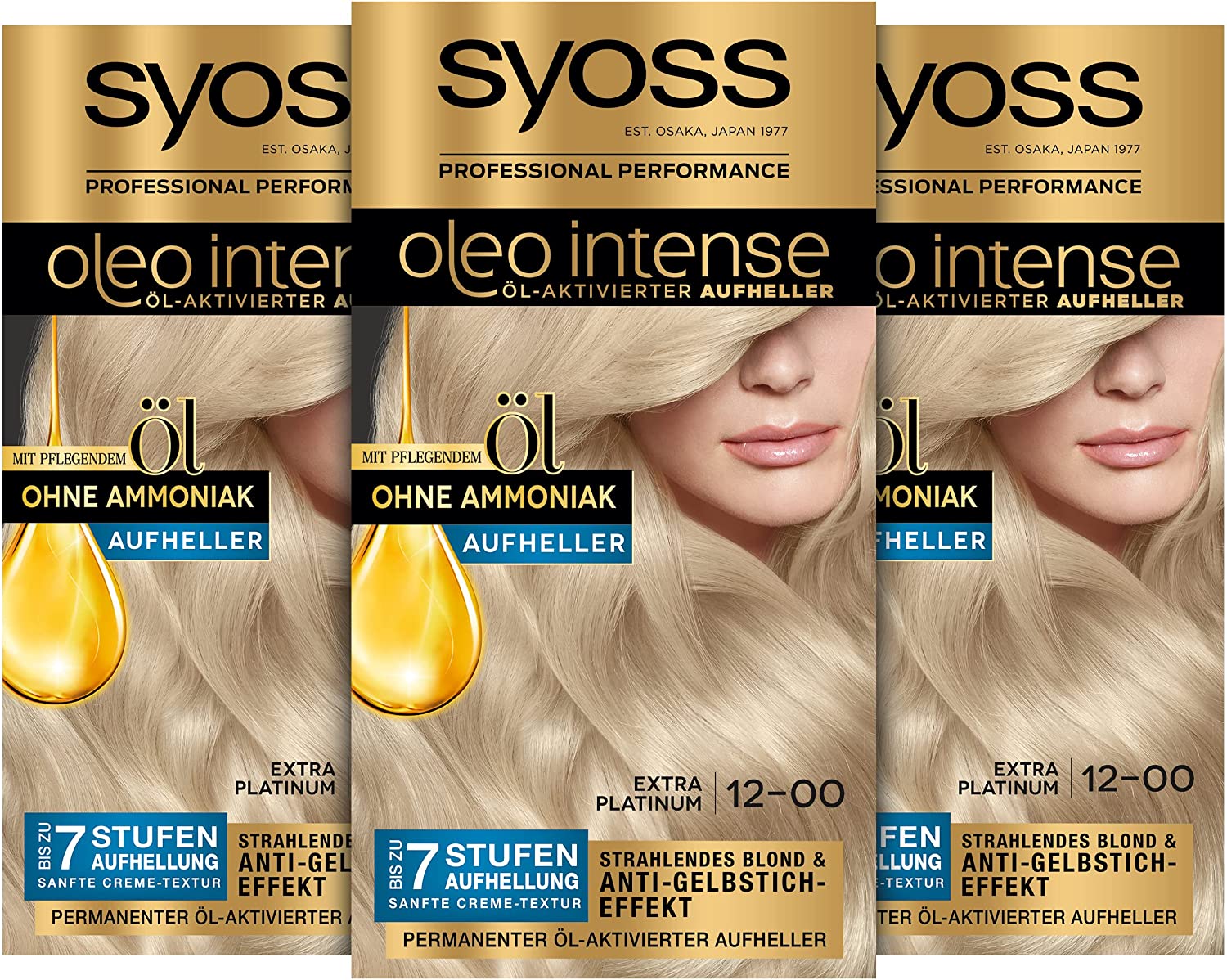 Syoss Oleo Intense Permanent Oil Colouration Hair Colour, 12-0 Extra Platinum with Nourishing Oil and Ammonia Free, Pack of 3 (3 x 115 ml), ‎extra