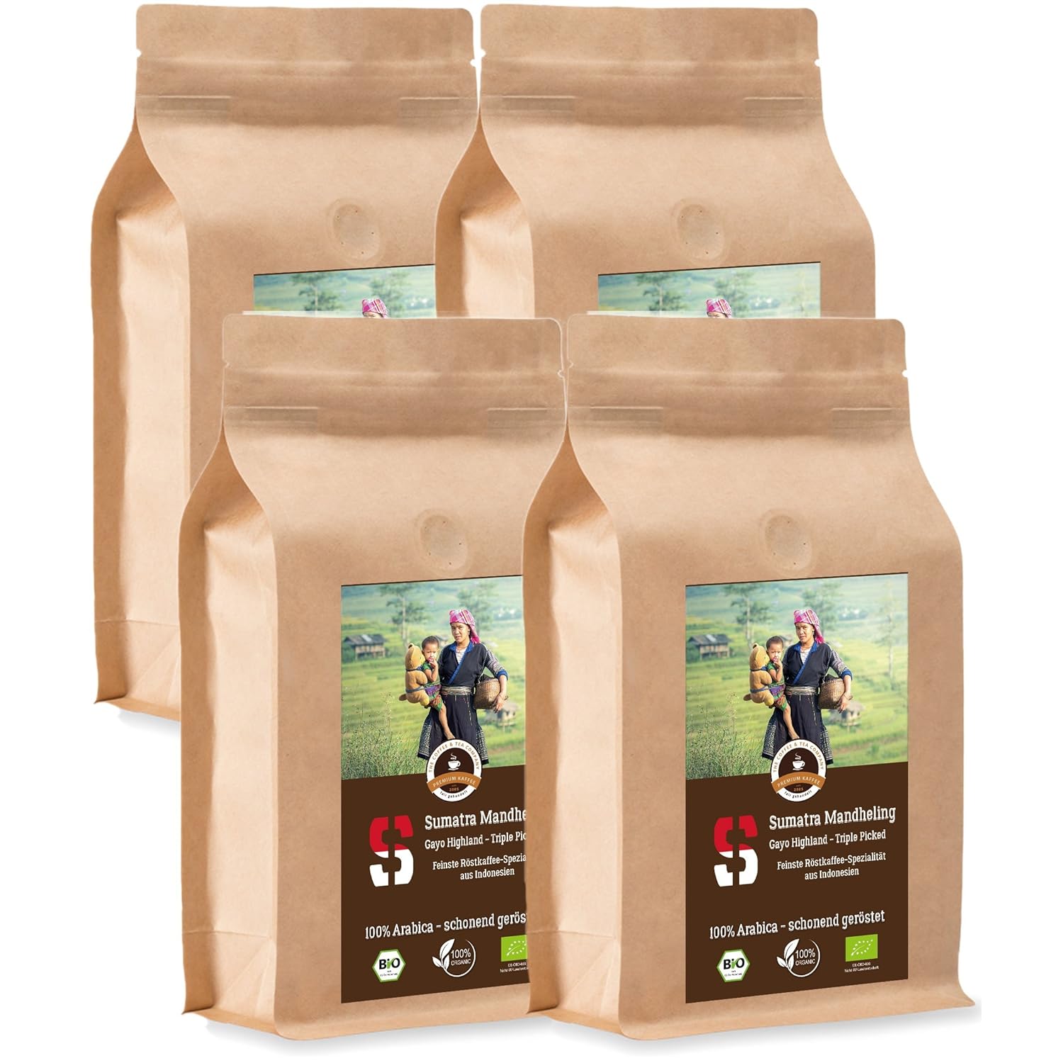 Coffee Globetrotter - Sumatra Mandheling Gayo Highland - Organic - 4 x 1000 g Fine Ground - for Fully Automatic Coffee Grinder - Roasted Coffee from Organic Cultivation | Gastropack Economy Pack