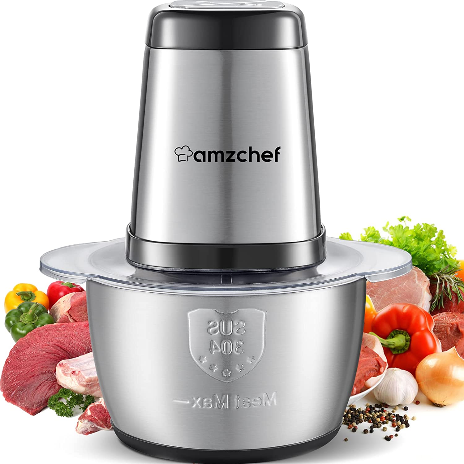 AMZCHEF Electric Kitchen Chopper, 500 W Multi Chopper with 1.5 L Stainless Steel Bowl, 2 Speed Levels, 4 Blades for Meat, Vegetables, Onion, Fruit, Safety Function