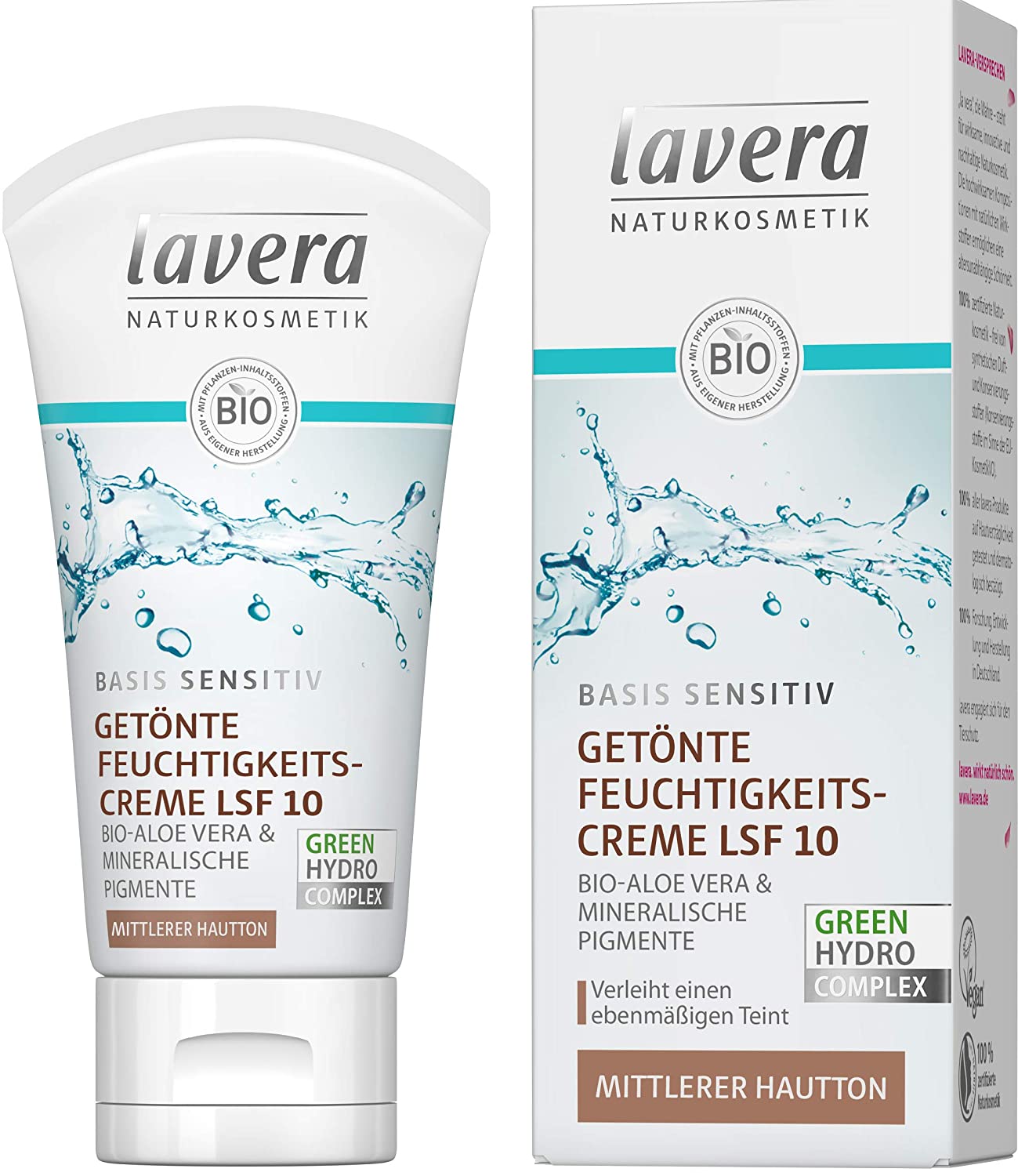 Lavera Basis Sensitive Tinted Moisturising Cream Medium with SPF 10 - Medium Complexion - Day Cream Natural Cosmetics Vegan Organic Ingredients 50 ml, ‎medium