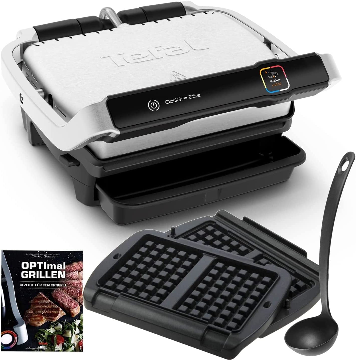 Tefal Optigrill Elite Contact Grill with Grill Boost Function + Waffle Plates, Ladle and Recipe Book | Indoor Electric Grill | 12 Automatic Programmes | Intuitive Sensor | Touch Display, 2000 Watt