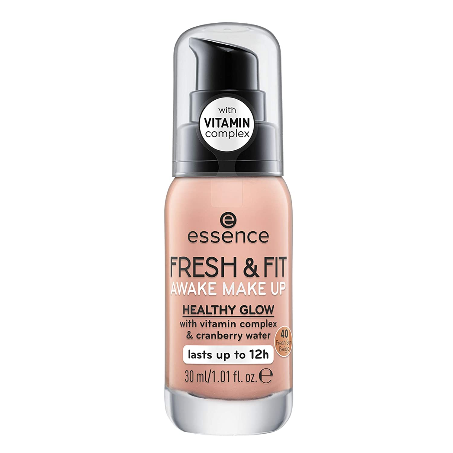 essence cosmetics essence Fresh & Fit Awake Make Up, Foundation, Healthy Shine with Vitamin Complex & Cranberry Water, Lasts up to 12 Hours, No. 40 Fresh Sun Beige, Nude, Paraben Free, Gluten Free (30 ml), ‎40 beige