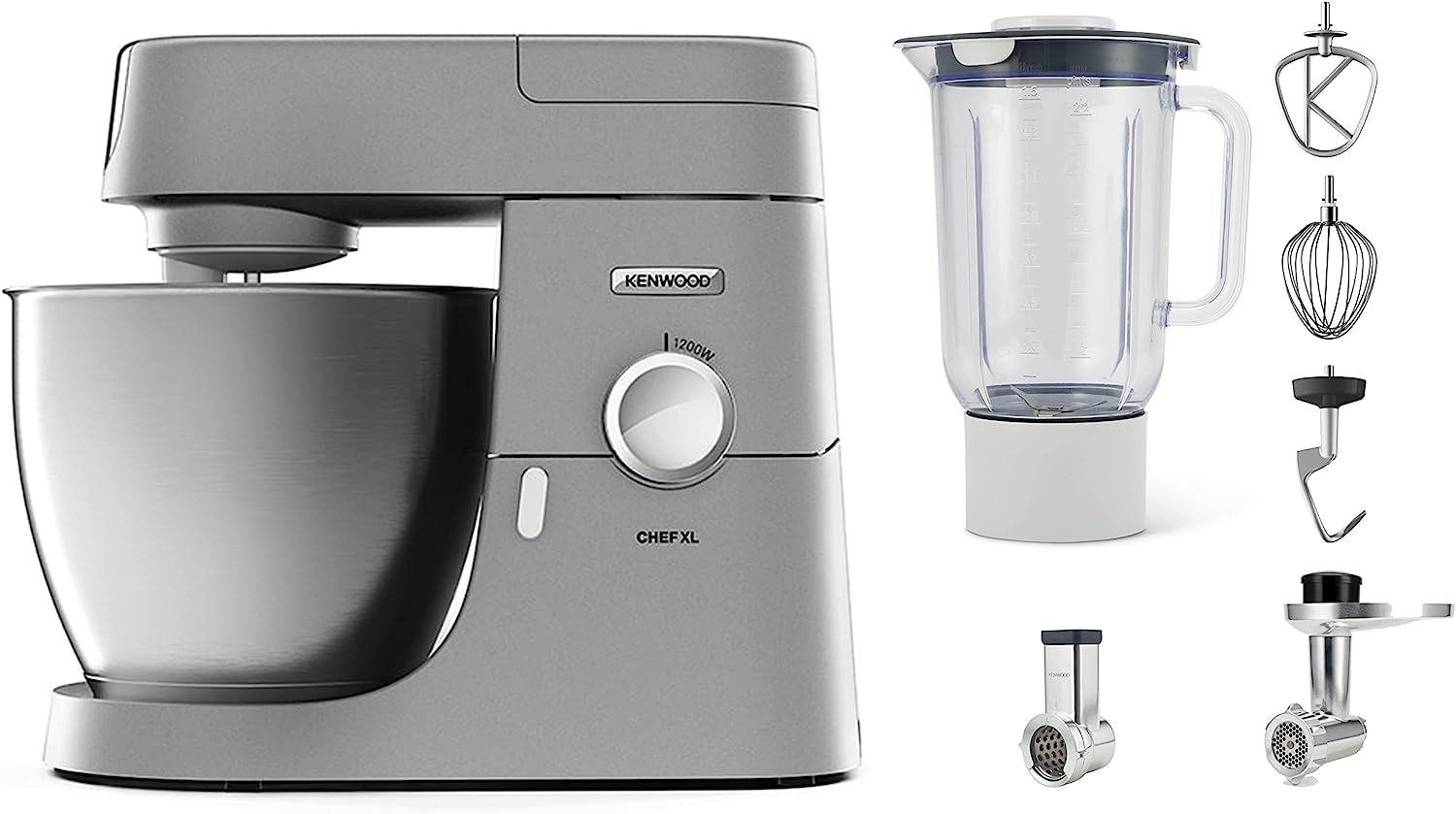 Kenwood Chef XL KVL4220S FOOD Processor with Extensive Accessories, 6.7 L Stainless Steel Mixing Bowl, 1.5 L Glass Mixing Attachment, Meat Grinder, Drum Raffle, 3-Piece Patisserie Set, 1200 Watt, Silver