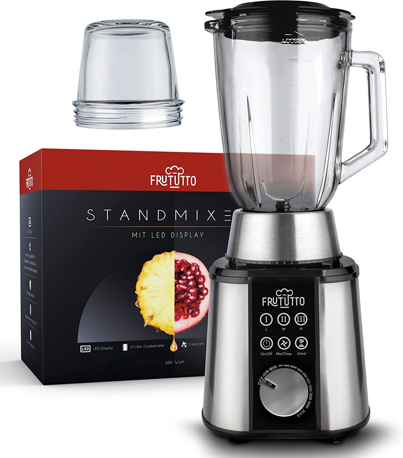FRUTUTTO Excellent Stainless Steel 600 W Blender - Blender with 1.75 L Glass Container + 3 Speed Levels - Mixer Smoothie Maker - Juicer + Instructions (English language not guaranteed)