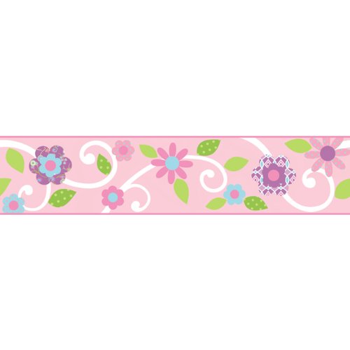 RoomMates Repositionable Childrens Wall Sticker Border Floral Scroll Pink