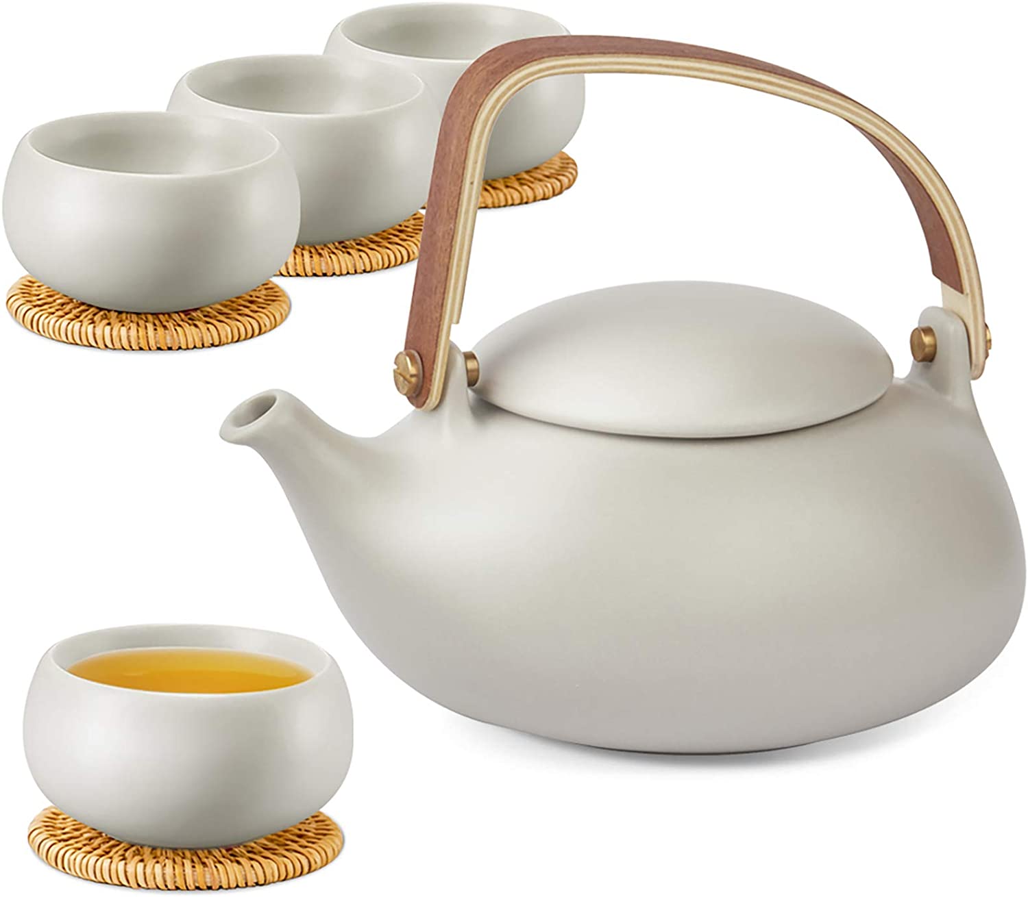 Zens Porcelain Teapot for Loose Leaves, Flower Tea Bags, Herbal Tea, White Grey