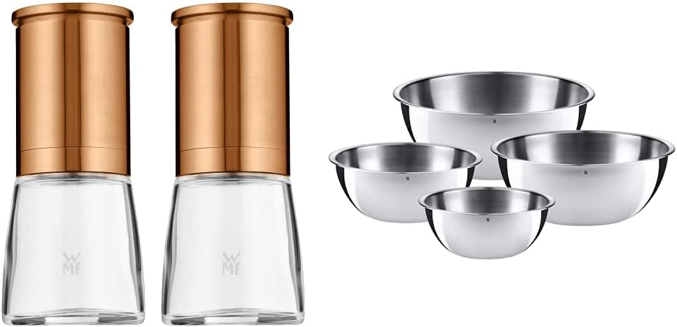 WMF De Luxe Salt and Pepper Mill Set 2 Pieces, Unfilled, 14 cm, Glass, Ceramic Grinder & Gourmet Bowl Set 4 Pieces, Stainless Steel Bowls for the Kitchen 0.75 L - 2.75 L