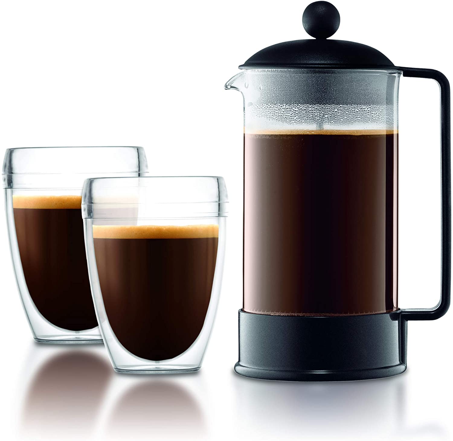 Bodum Brazil K1548-01TR-10 Set of 2 Mugs Pavina Outdoor 0.35 L + Plastic Coffee Maker for 8 Cups, 1 Litre, Black