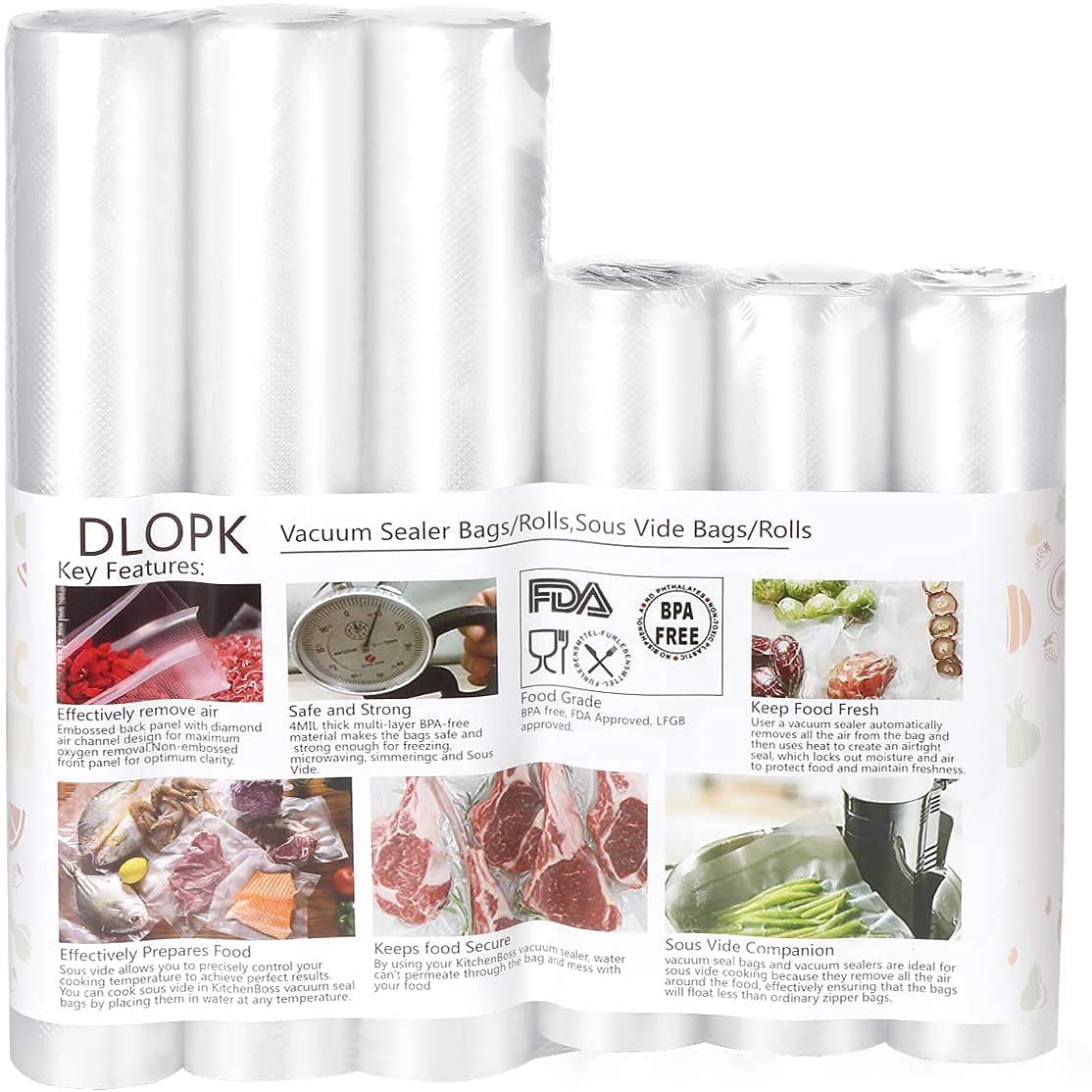 DLOPK Vacuum bags, vacuum bags, 6 rolls, 20 x 300 cm and 28 x 300 cm, foil rolls for all vacuum sealers, BPA-free, strong and tear-resistant, 150 µm, suitable for Sous Vide, reusable vacuum rolls