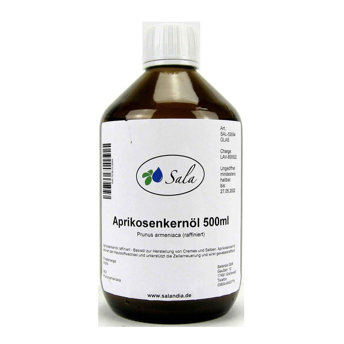 Sala Apricot Kernel Oil Prunus Armeniaca Refined (500 ml Glass Bottle)