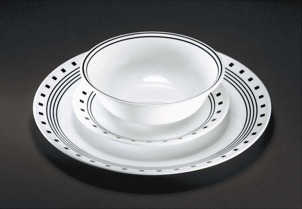 Corelle 18-Piece Vitrelle Glass City Block Chip and Break Resistant Dinner Set, Service for 6, Black