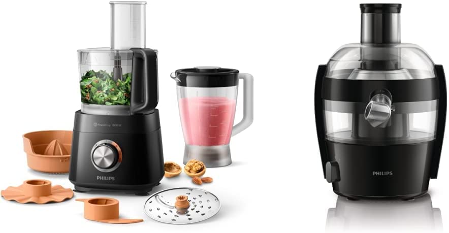 Philips Domestic Appliances Philips Compact Food Processor - 800W, 29 Functions, 2.1 Litre Container, PowerChop, Stainless Steel Blade (HR7510/10) & Juicer - 500W, 1.5L, NutriU Recipes App, QuickClean (HR) 1832/. 00)