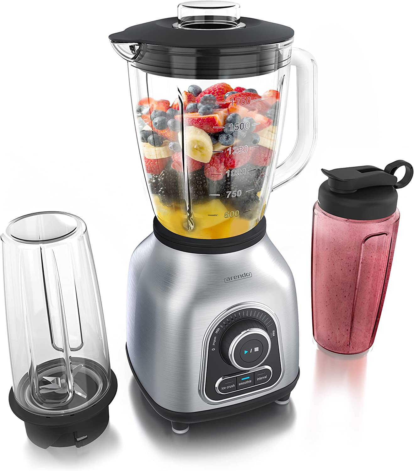 Arendo - Stainless steel stand mixer - high-performance mixer - 24,000 rpm - mixer + 1.75 l glass container + two 600 ml smoothie containers - ball-bearing stainless steel knives - smoothie maker
