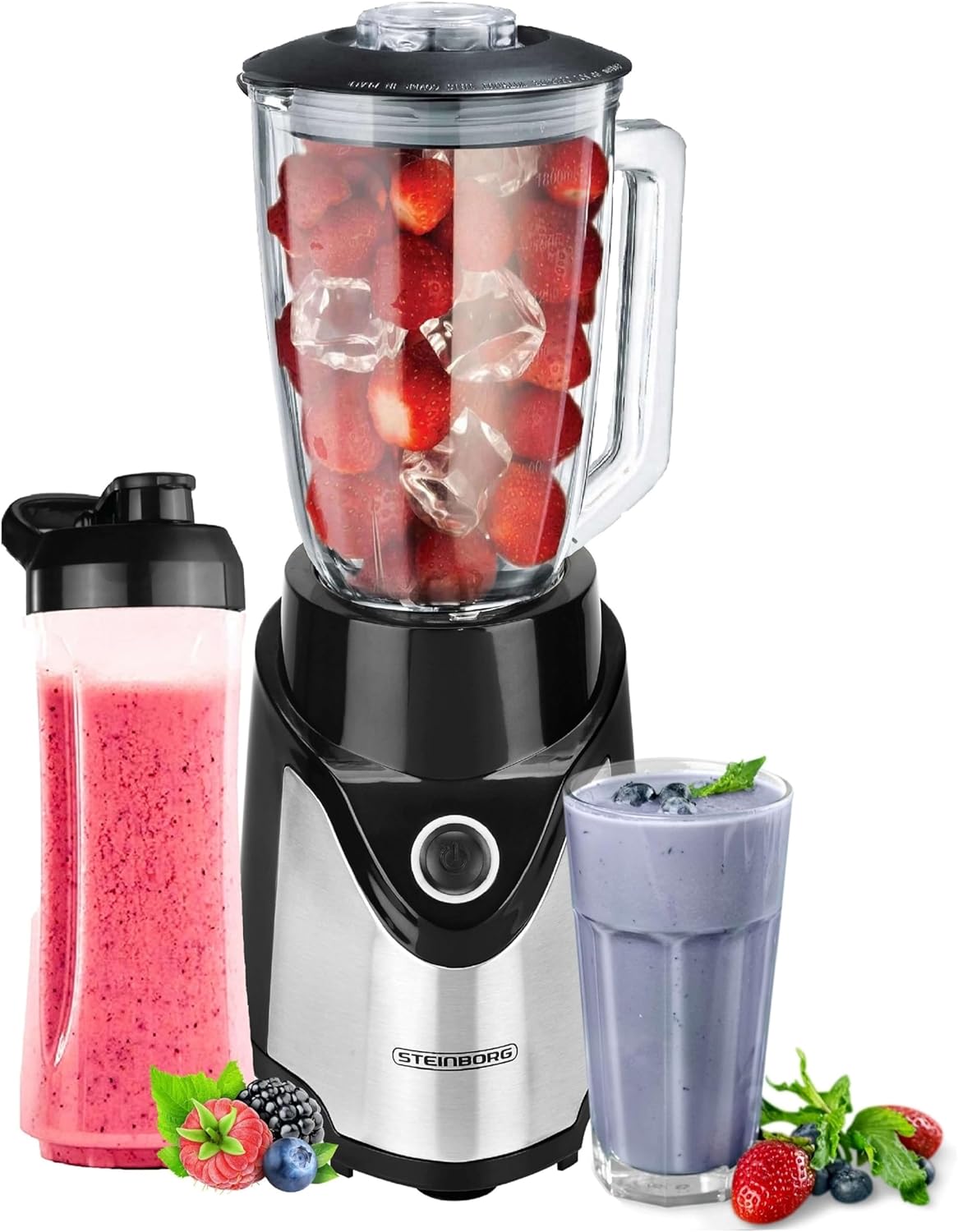 Steinborg Stand Mixer with To-Go Cup, Smoothie Maker Mixer, 600 ml Glass Jug + 570 ml To-Go Cup, BPA-Free 500 Watt, Professional Blender, Chopper, 6-Way Stainless Steel Knife