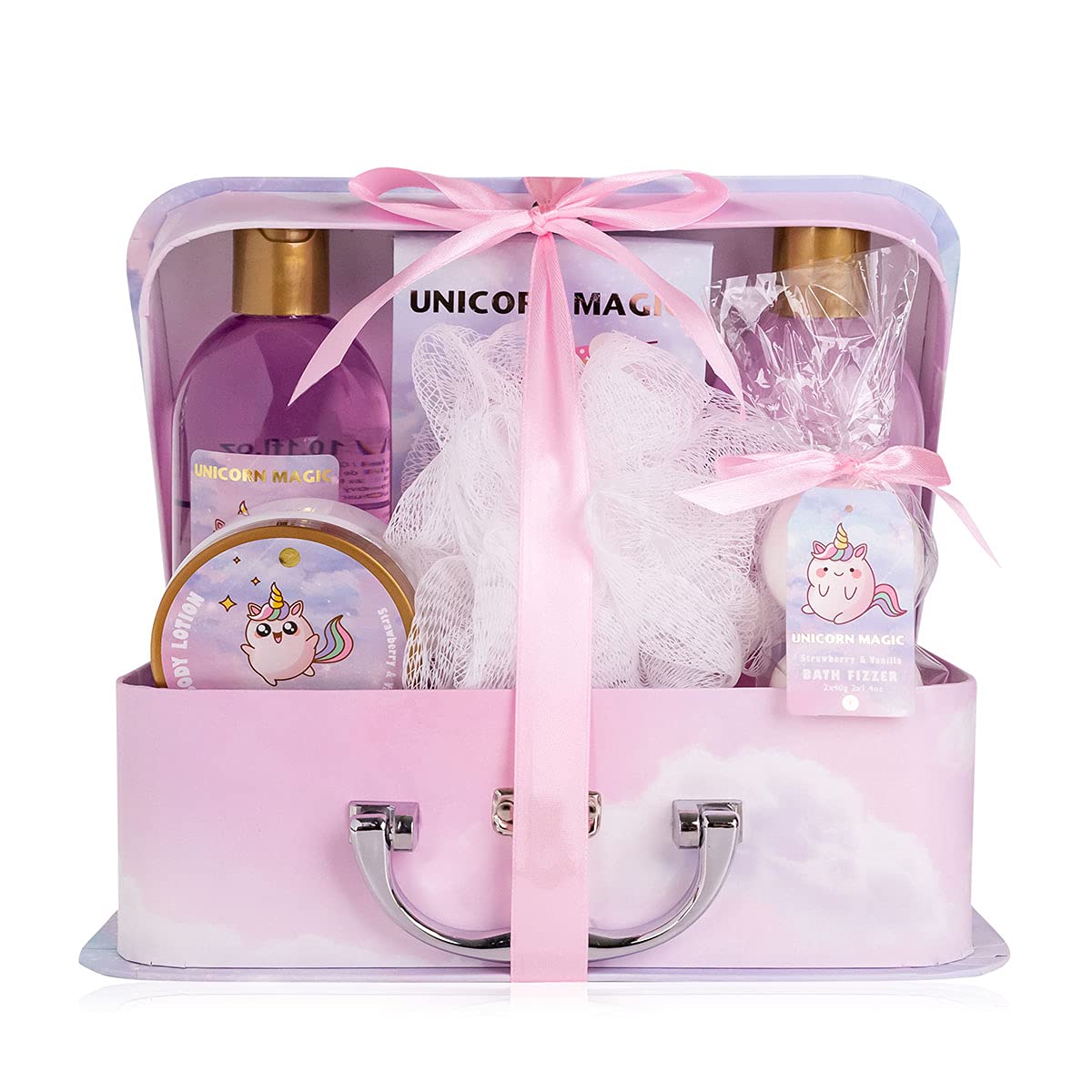 accentra Unicorn Magic Bath and Shower Set for Teenagers and Girls with Sweet Strawberry & Vanilla Fragrance, 7 Piece Gift Set Packed in a Paper Case, ‎pink