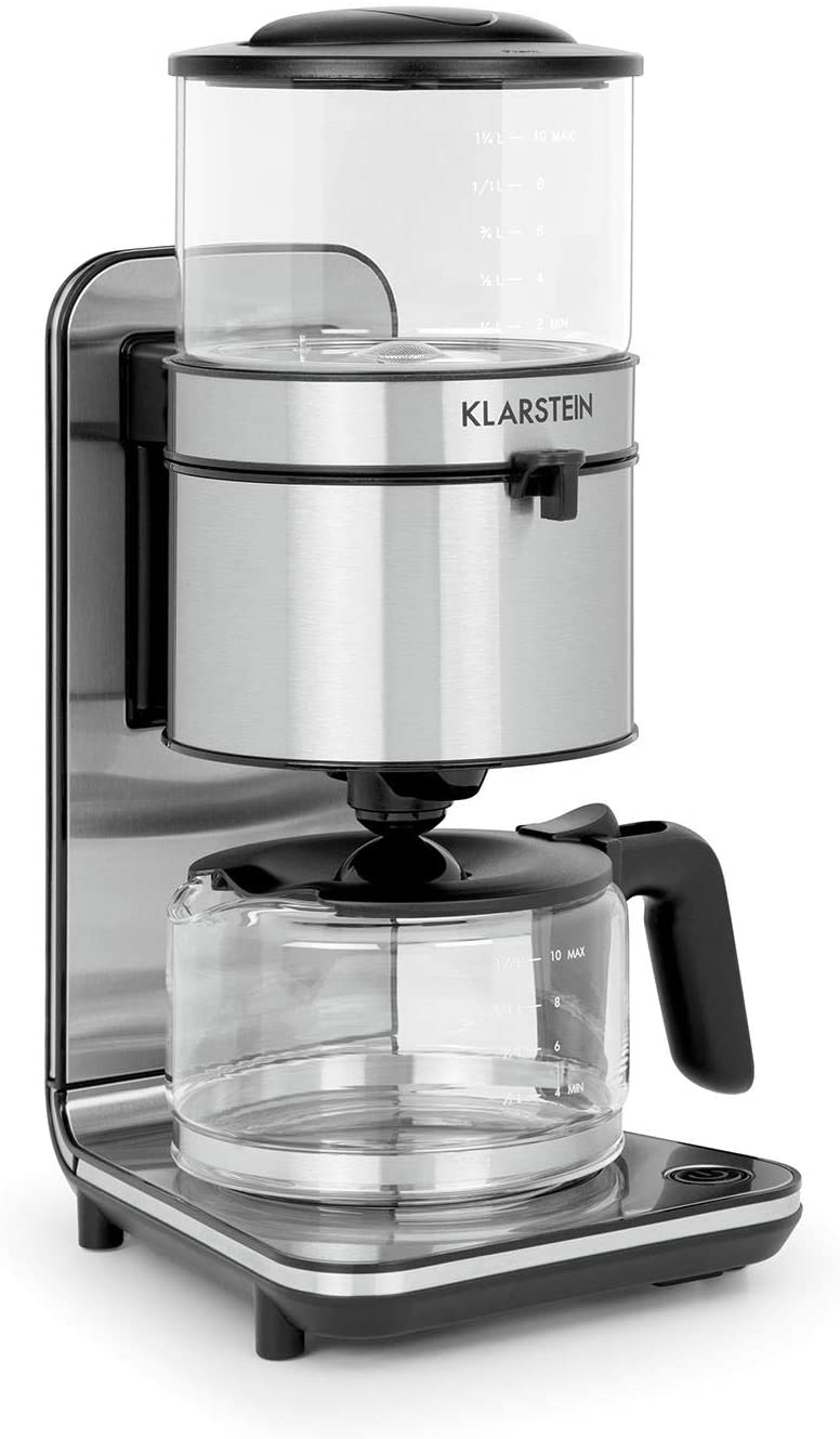 Klarstein Soulmate Coffee Machine - Filter Coffee Machine, 1800 Watt, 1.25 Litre, 4 to 10 Cups, Crushing Method, Glass, Stainless Steel, Silver