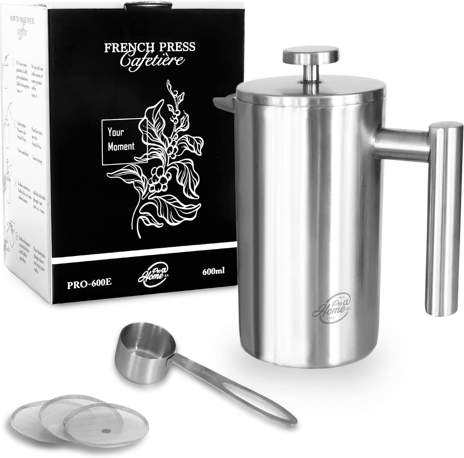 Pro@Home43® French Press Stainless Steel 0.6 L (4 Cups) Thermal Coffee Maker Outdoor Coffee Press Coffee Maker Camping Coffee Press with Stainless Steel Dosing Spoon / 3x Replacement Filters in Gift
