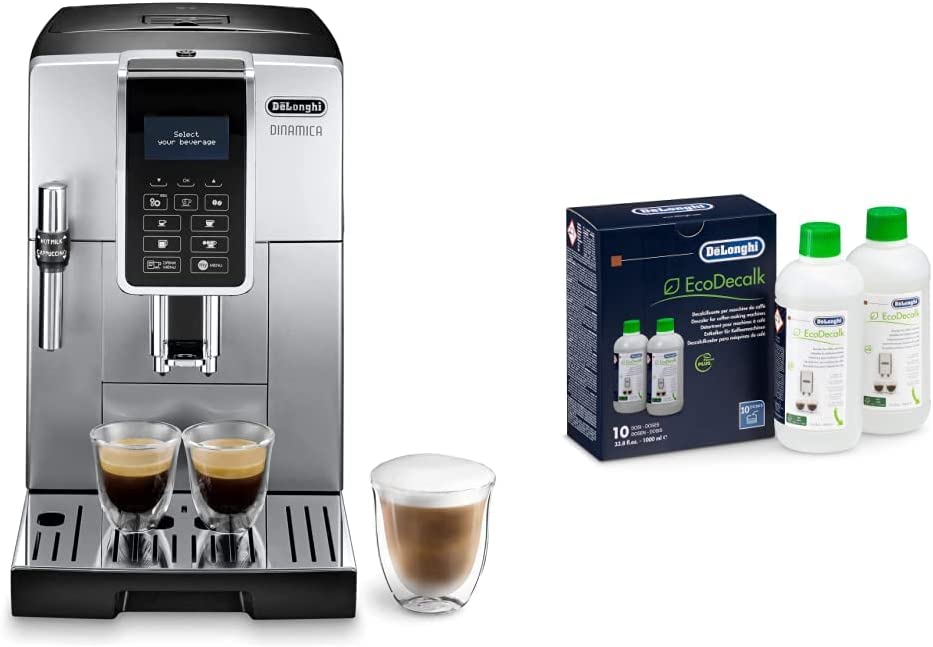 DeLonghi De\'Longhi Dinamica ECAM 350.35.SB Fully Automatic Coffee Machine with Professional Milk Frothing Nozzle, Direct Selection Buttons, Clear Text Digital Display, 2-Cup Function, Silver & Original EcoDecalk DLSC502 - Descaler, 2 - 2 x 500000