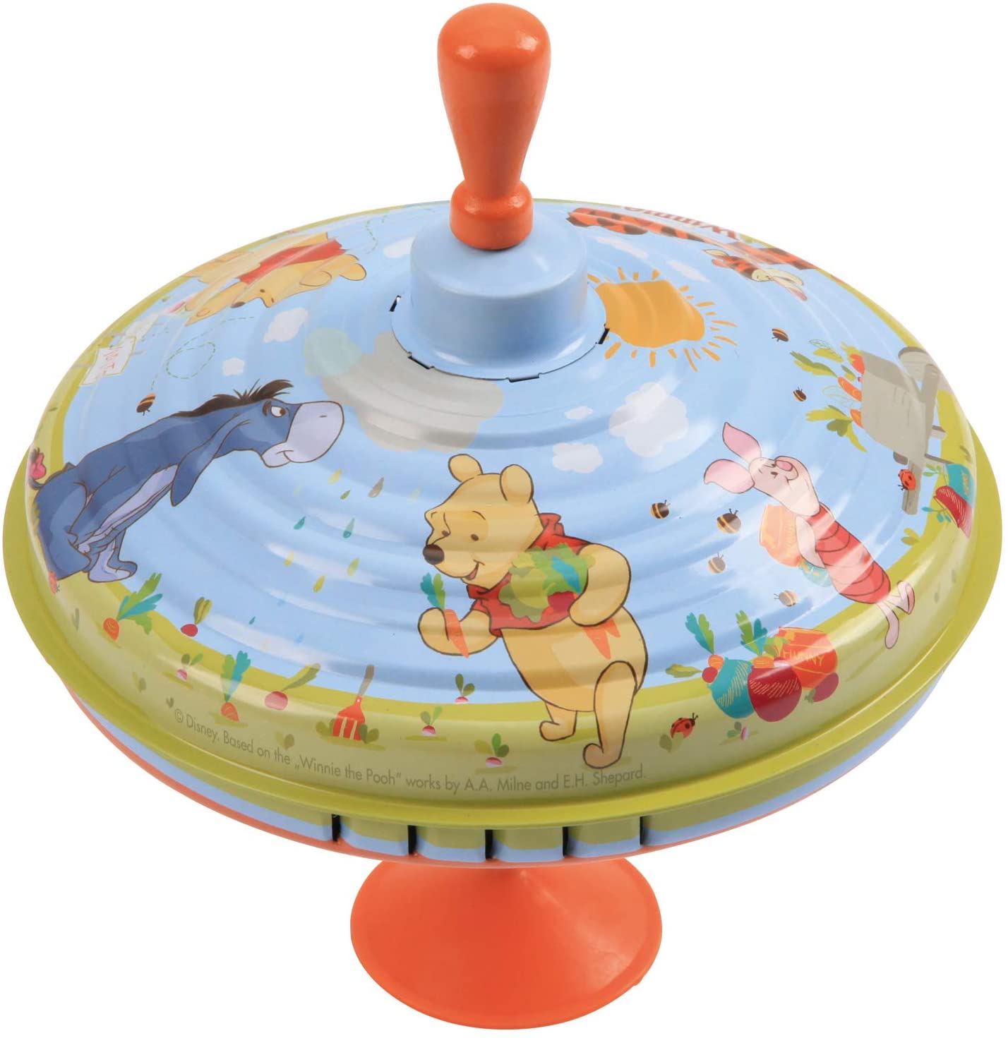 Lena 52213 Winnie The Pooh Humming Spinning Top Diameter 19 cm, Metal Flywheel Made of Sheet Metal, Classic Pump Spinning Top with Disney\'s Pooh, Spinning Top with Foot, Toy Spinning Top for Children from 18 Months