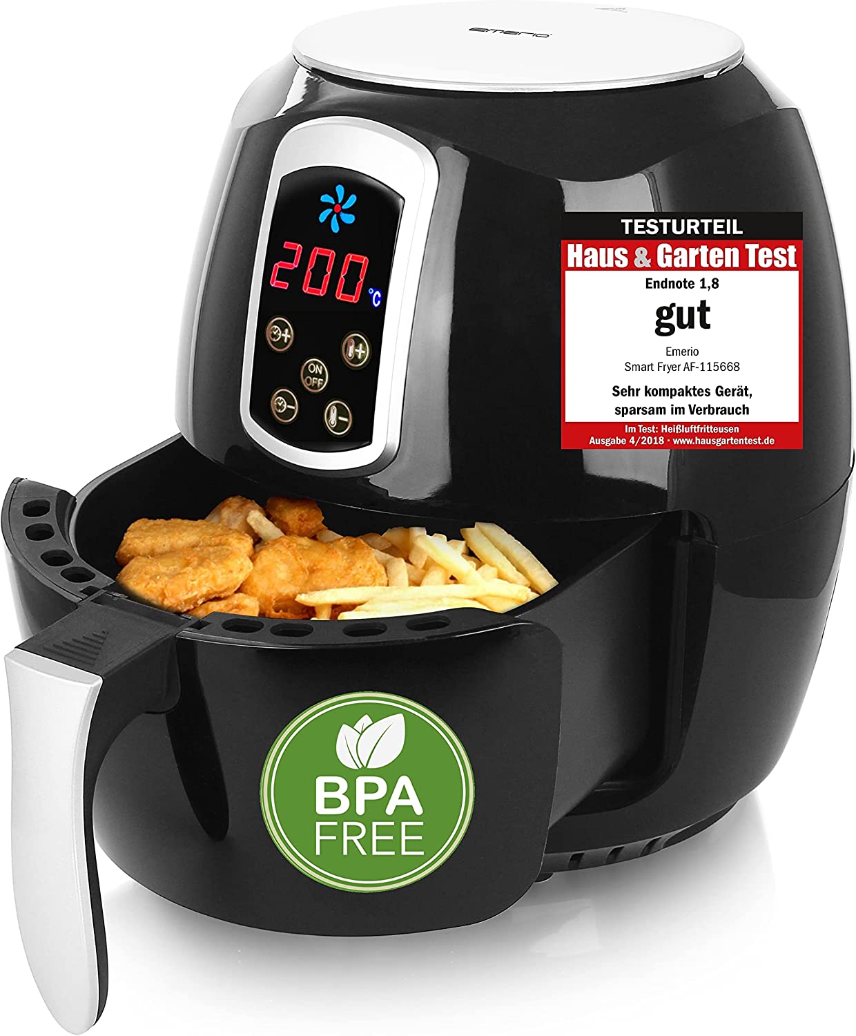 Emerio AF-126668 Hot Air Fryer, Airfryer, Smart Fry, Test Gut, Digital Display, Soft Touch Buttons, Healthy Fry Without Oil, Easy to Clean, 3.6 Lites, BPA Free, Mini Oven, Black