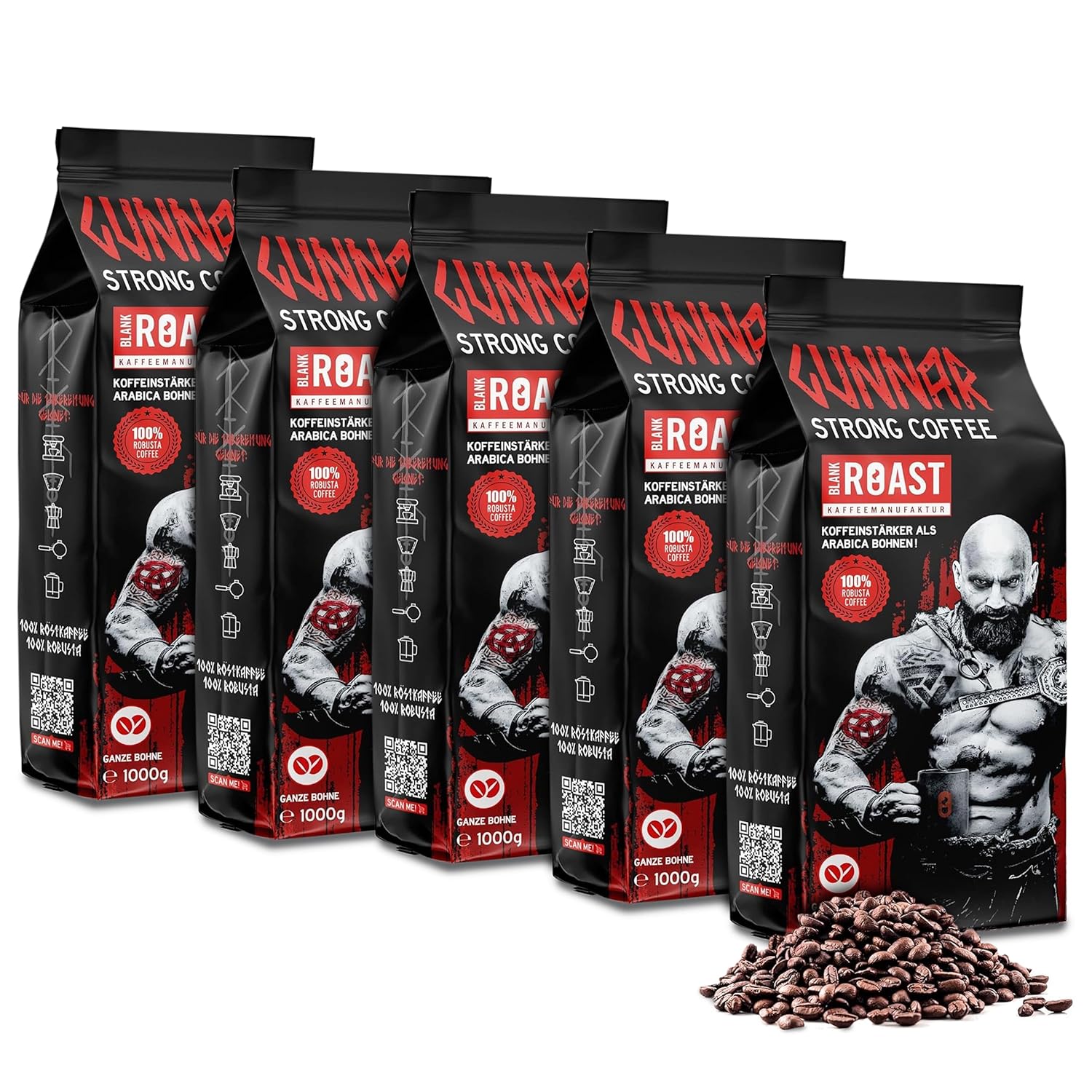 Blank Roast - GUNNAR - 1 kg (Pack of 5) - Whole Coffee Beans Extra Strong - Strong Robusta Roasting - 494 mg Caffeine per Cup - Spicy & Powerful with Notes of Dark Chocolate - Low Acid
