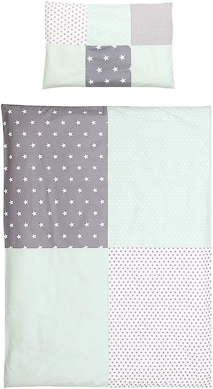 ULLENBOOM ® Children\'s Bed Linen 100 x 135 cm Mint Grey (Made in the EU) - Pillowcase (40 x 60 cm) and Duvet Cover (100 x 135 cm) - Children\'s & Baby Bedding Cotton Patchwork Design