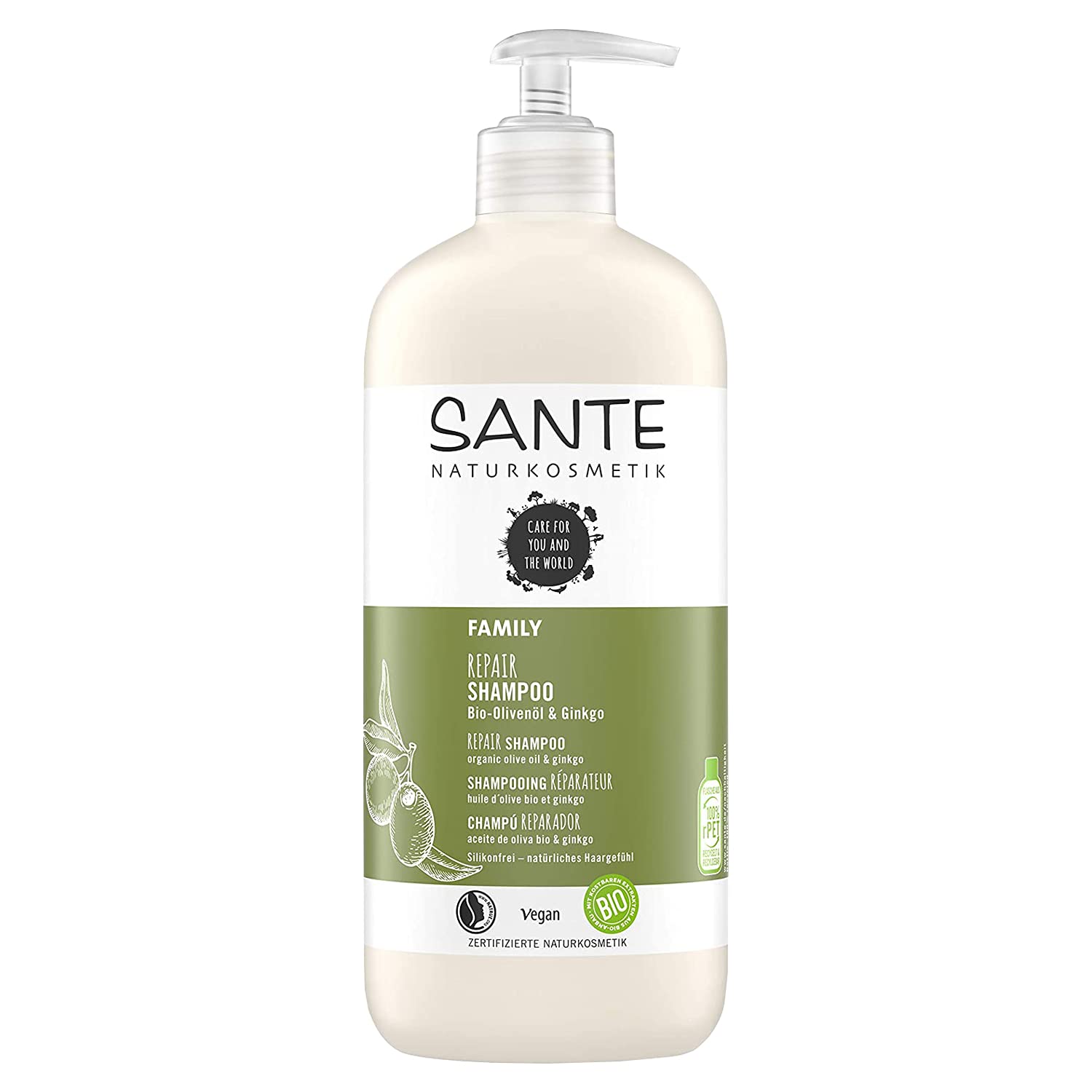 3x SANTE Naturkosmetik Repair Shampoo Bio-Olivenöl & Ginkgo Pumpspender je 500ml