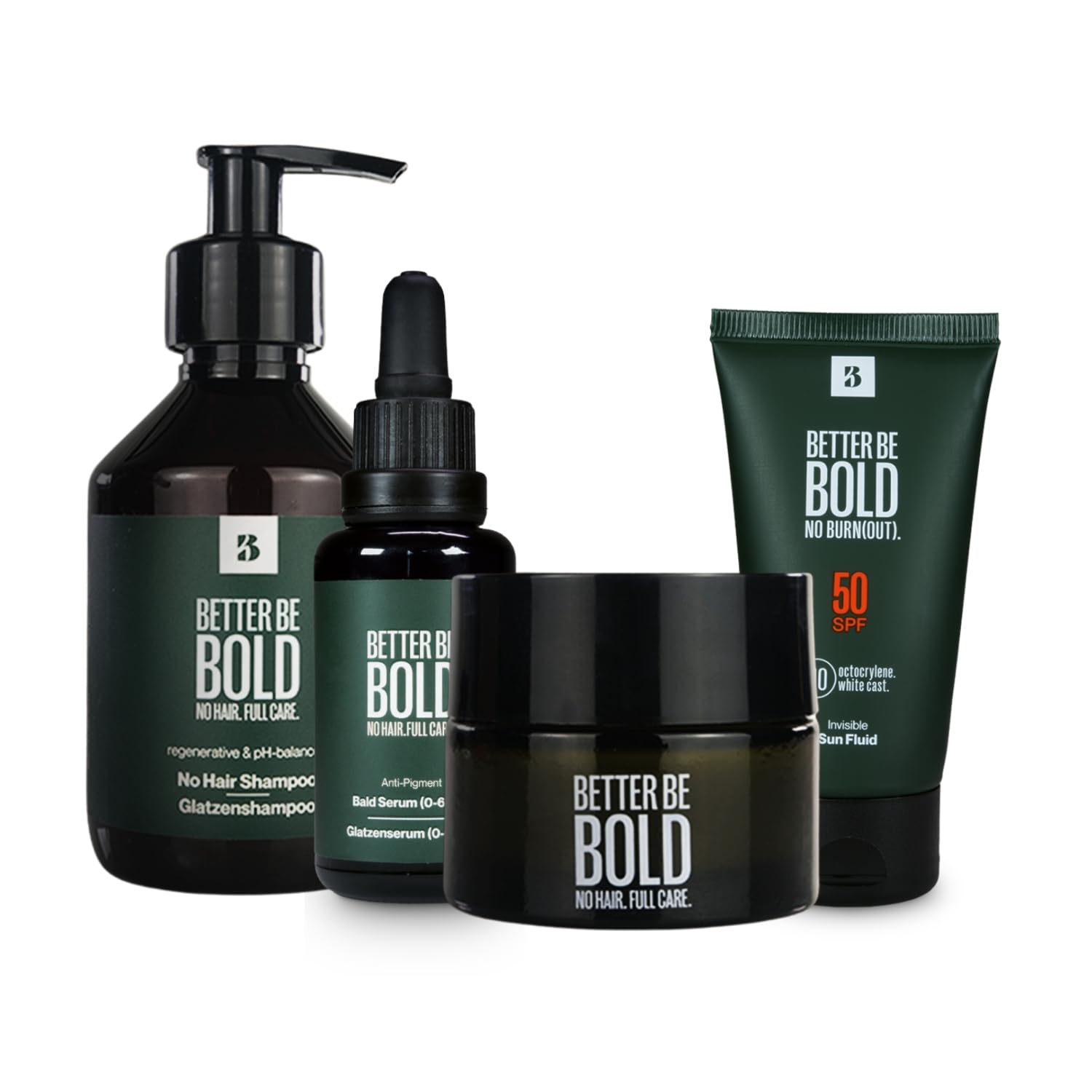 BETTER BE BOLD \"VIP\" Bald Care Routine (0-3 mm) | Mattifying Bald Cream (0-3 mm) + Anti-Pigment Bald Serum + Nourishing Bald Shampoo (0-6 mm) + Invisible Sun Fluid SPF 50